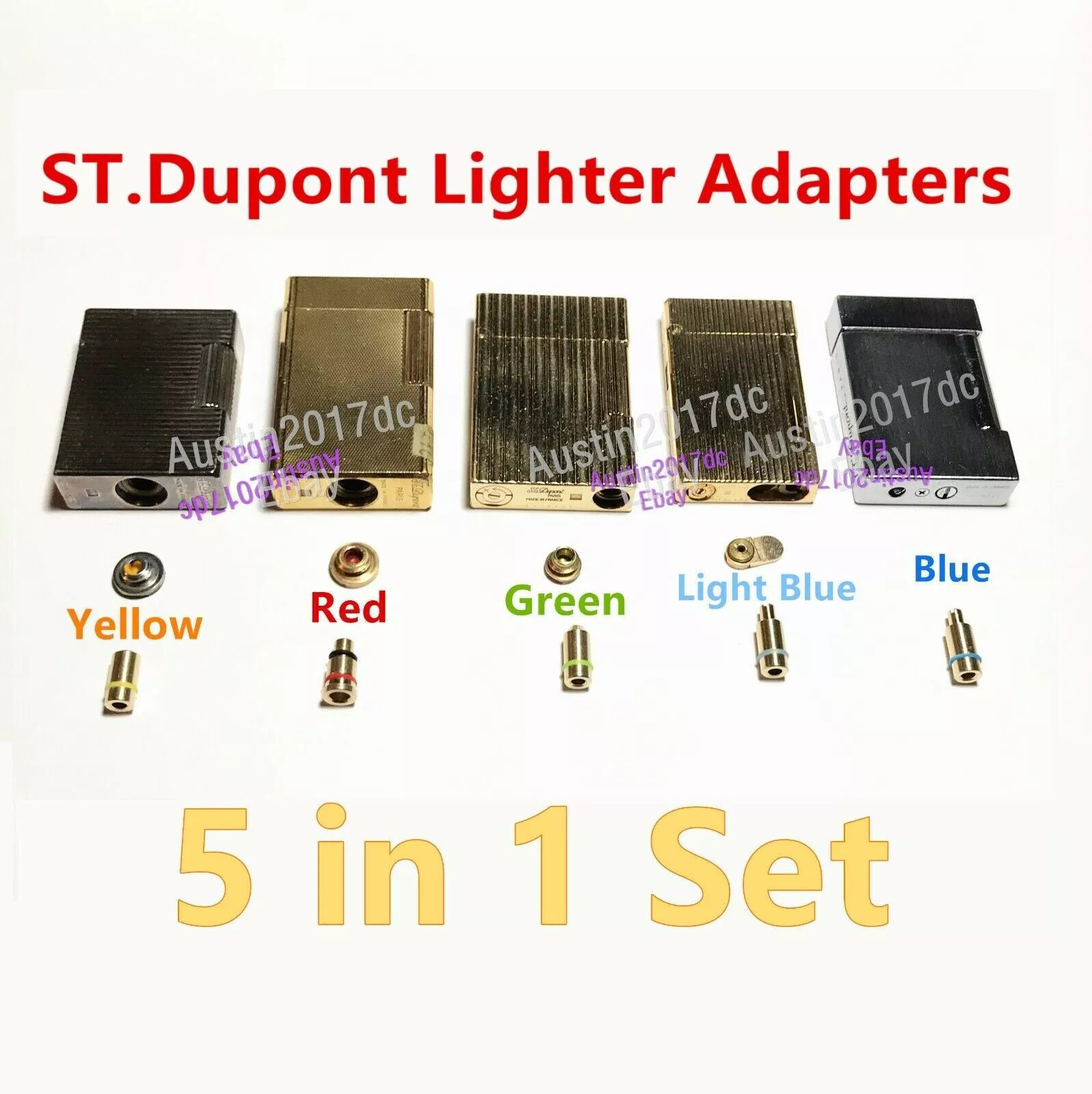 Dupont Lighter Gas Refill Adapters 5 in 1 set Yellow/Red/Green/blue Cap