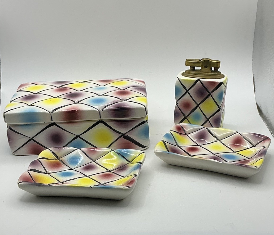 MCM Japan Smoking Set Lighter Cigarette Box Ashtrays Set Rainbow Ceramic