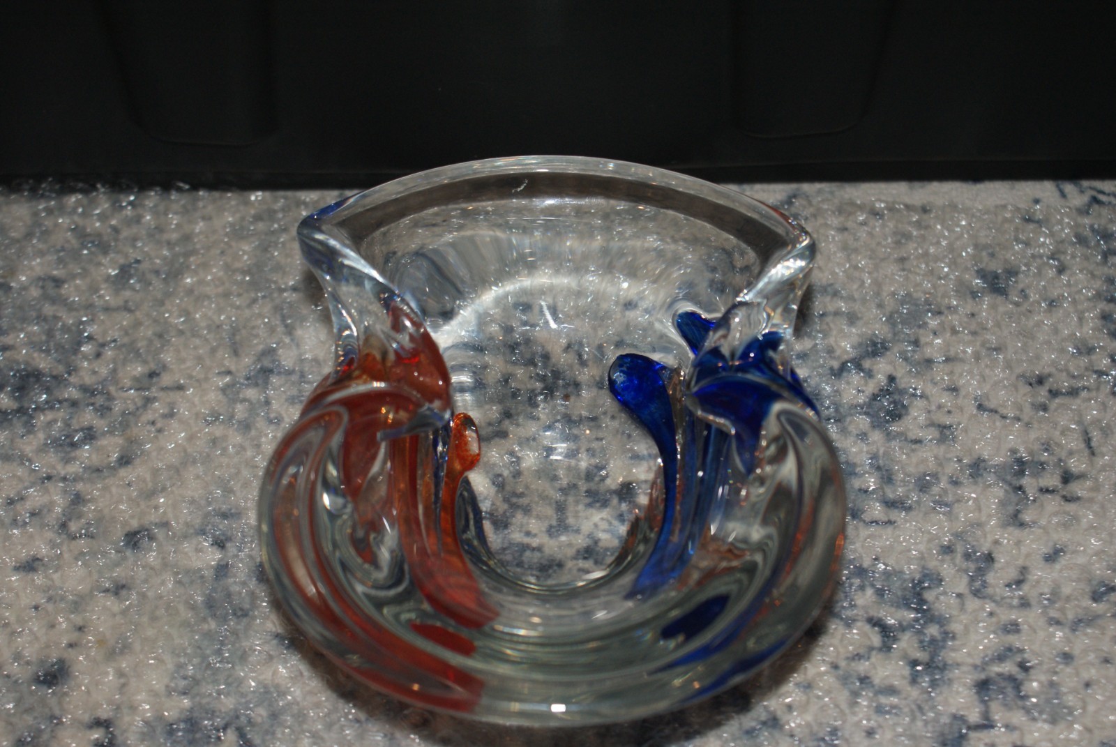 Vintage MCM Art Glass Bowl Ashtray Orange & Blue Murano Style Chalet?