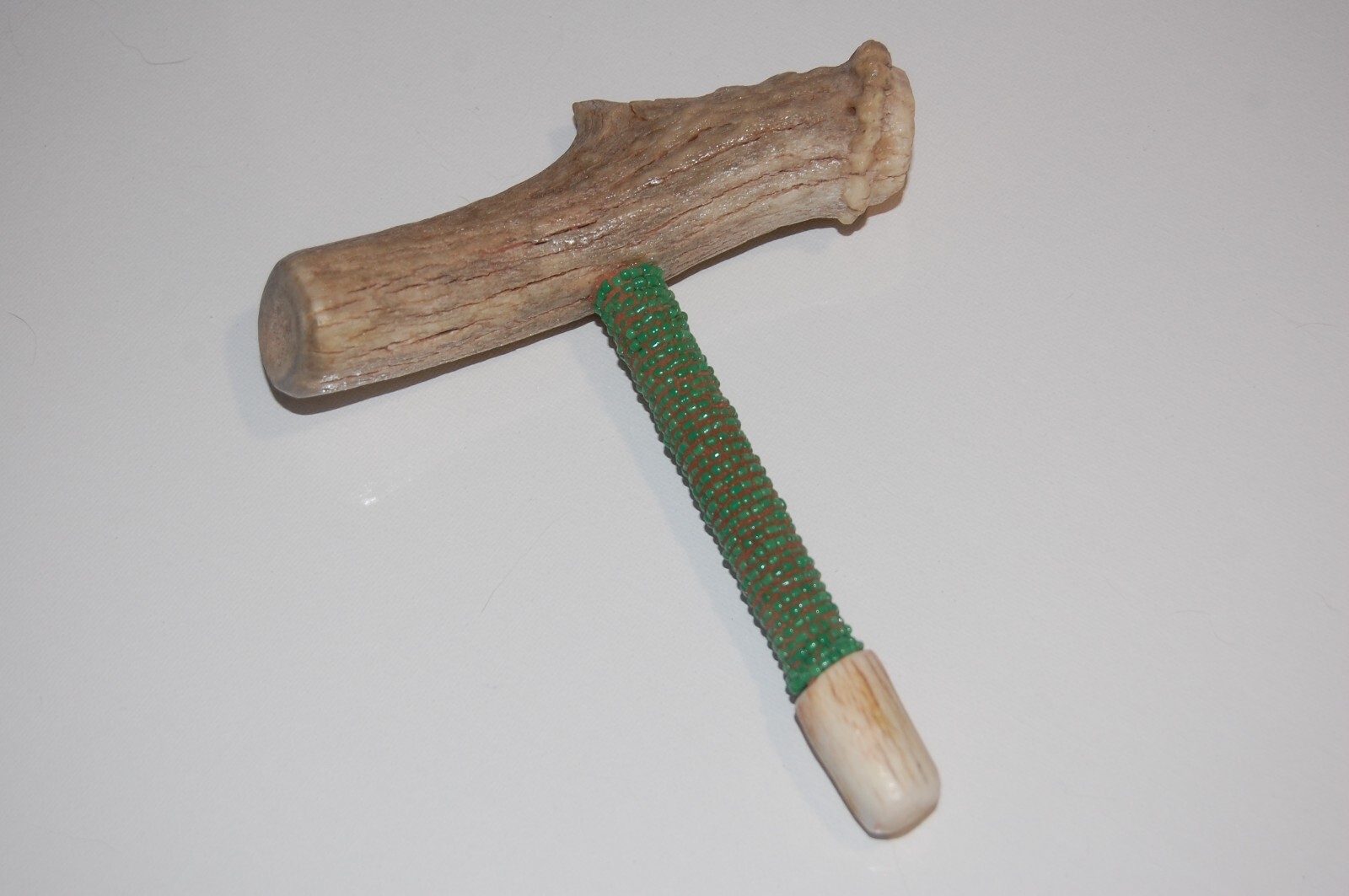 Real Deer Antler Smoking Pipe Seed Beads wrapped around the stem 6 1/2 Long X 5