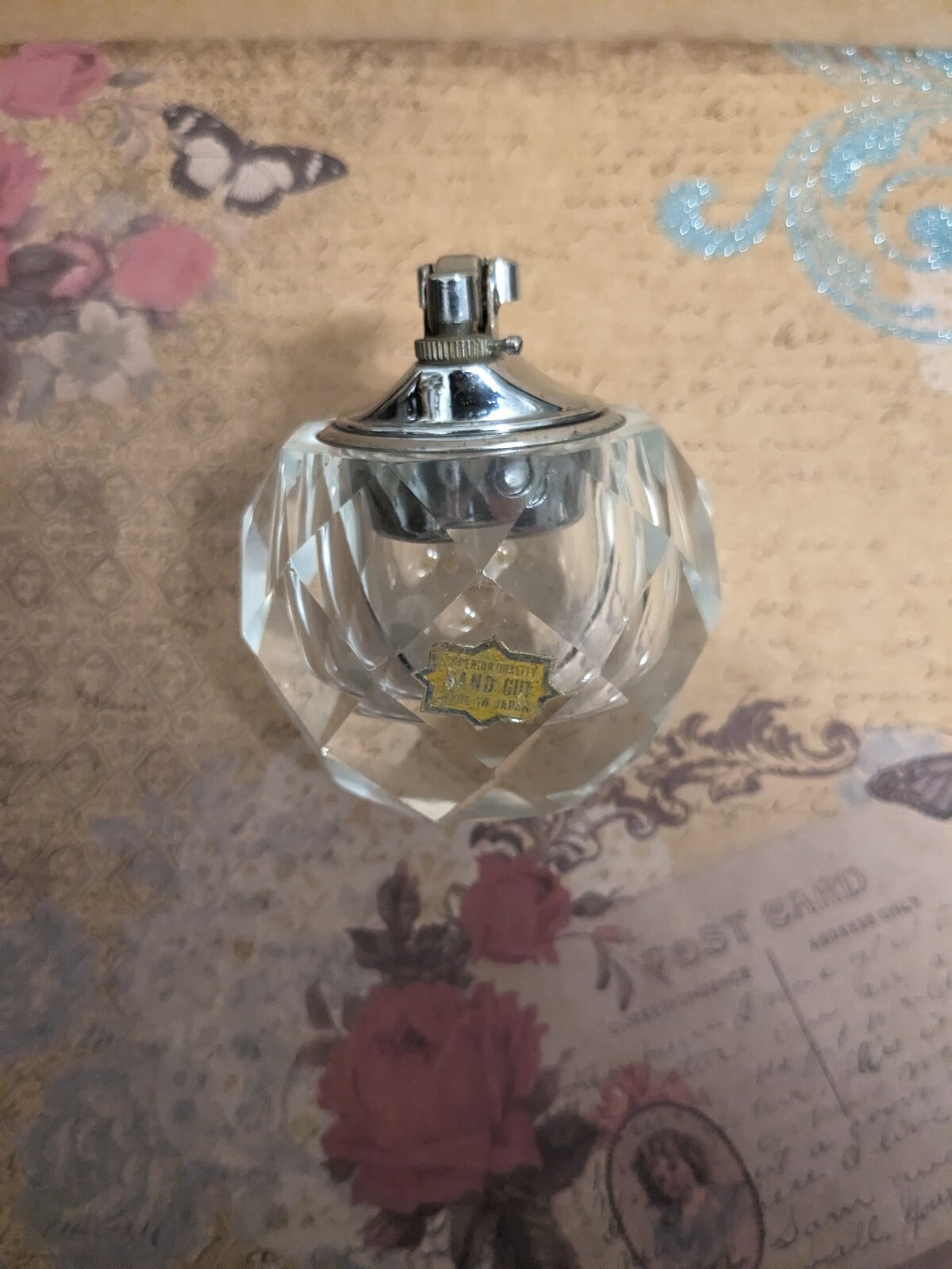 Vintage MCM Faceted Gas Lighter Art Deco Hand Carved Glass Chrome Japan 1970