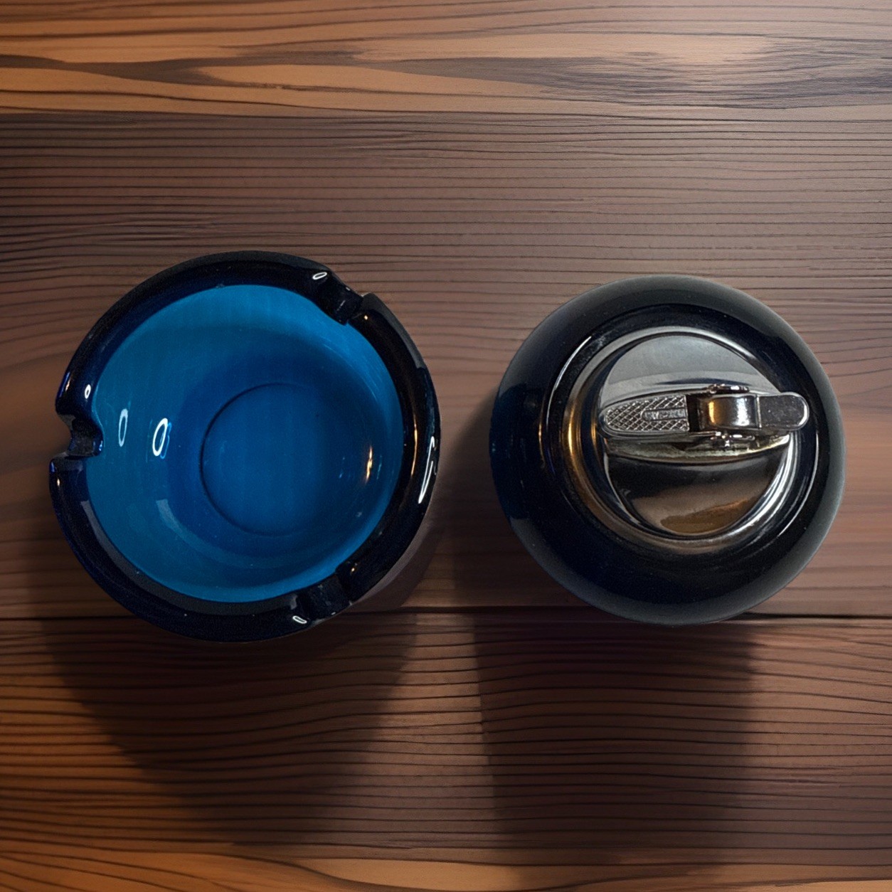 Vintage Colbalt Blue Tabletop Lighter & Ashtray