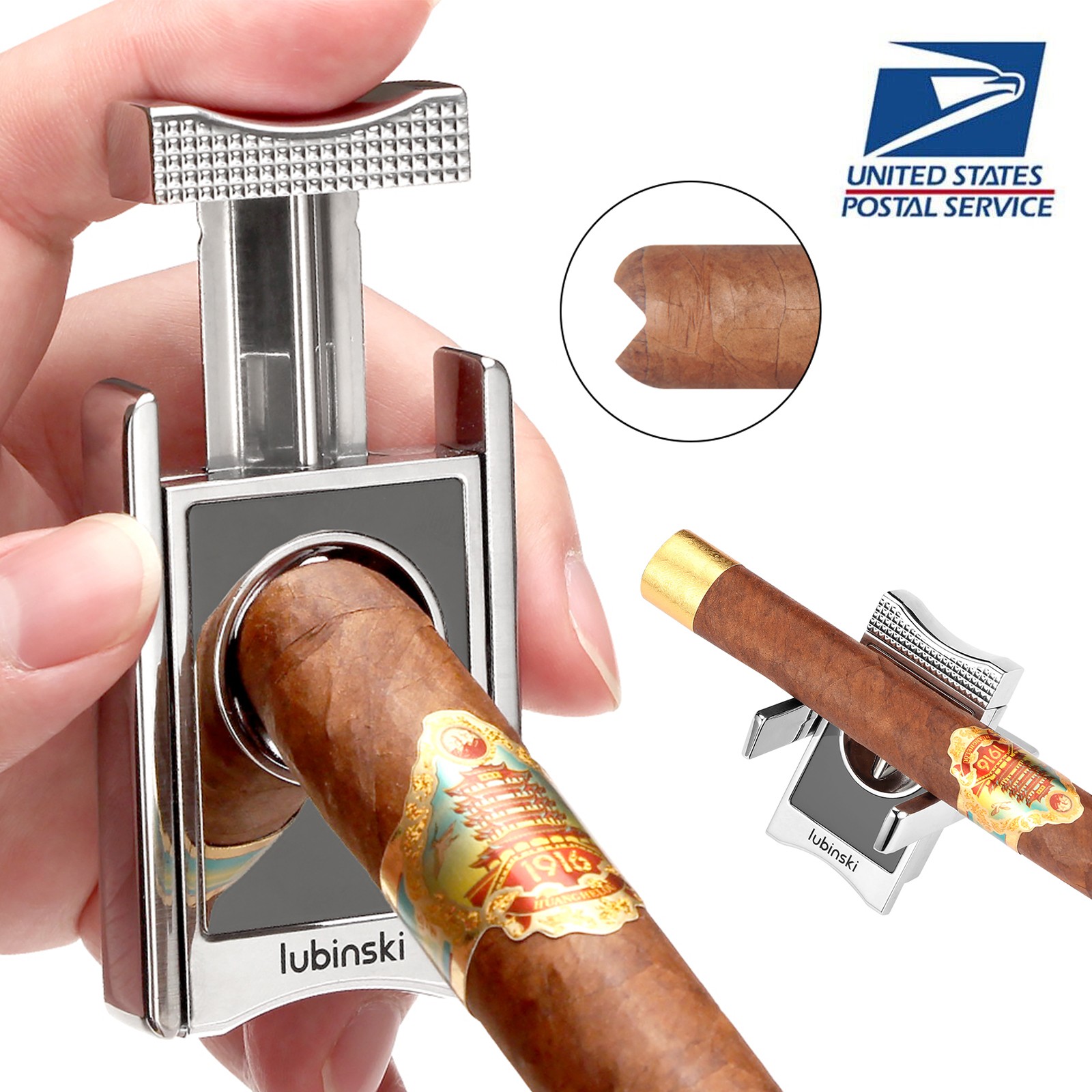 Lubinski Vcut Cigar Cutter With Holder Sharp Metal Scissors Portable Gift Silver