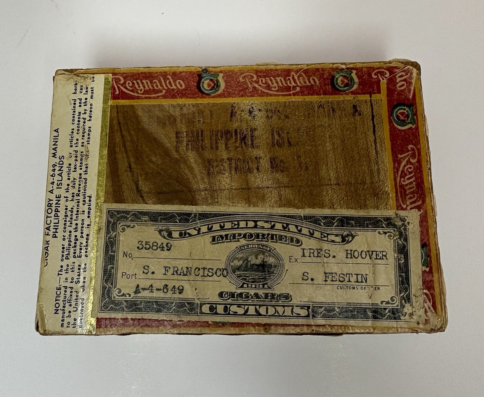 Vintage 1930’s Cigar Box Reynaldo With Customs Stamp