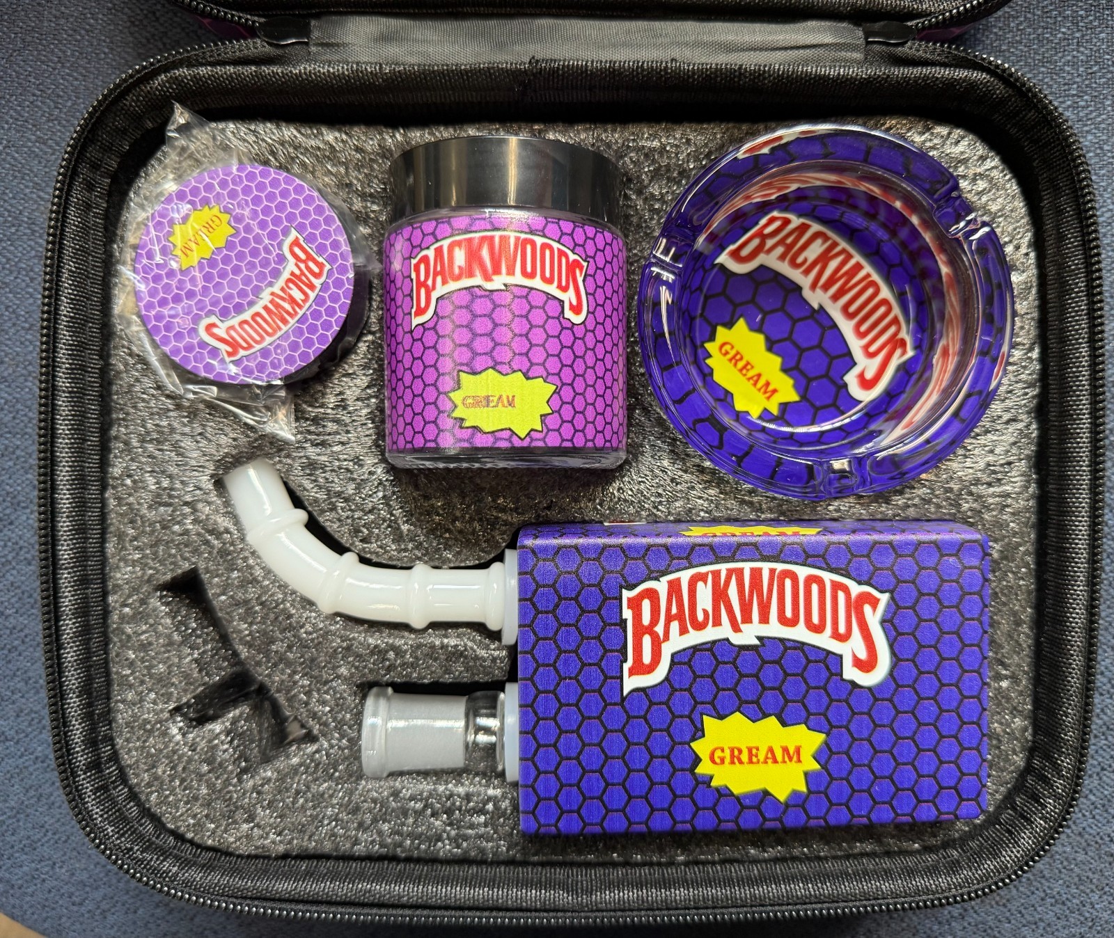 Smoking Accessory 8 piece Set in Zip Pouch – Purple Honeycomb Design – New