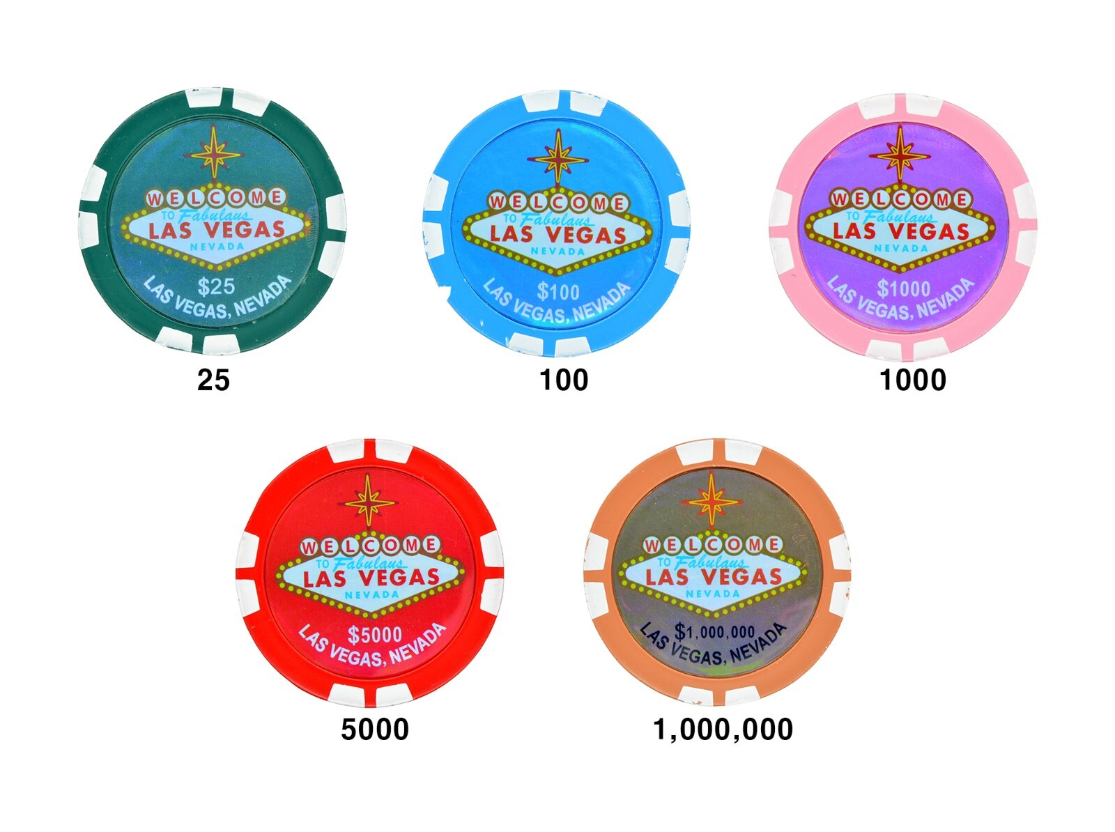 Las Vegas Poker Chip 25, 100, 1000, 5000, 1,000,000, Refillable Butane Lighter
