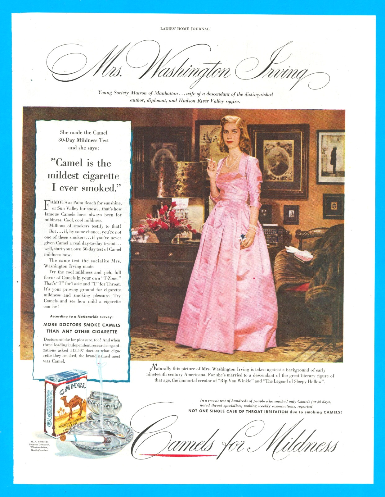 1949 Camels cigarettes print ad More Doctors Smoke Washington Irving author