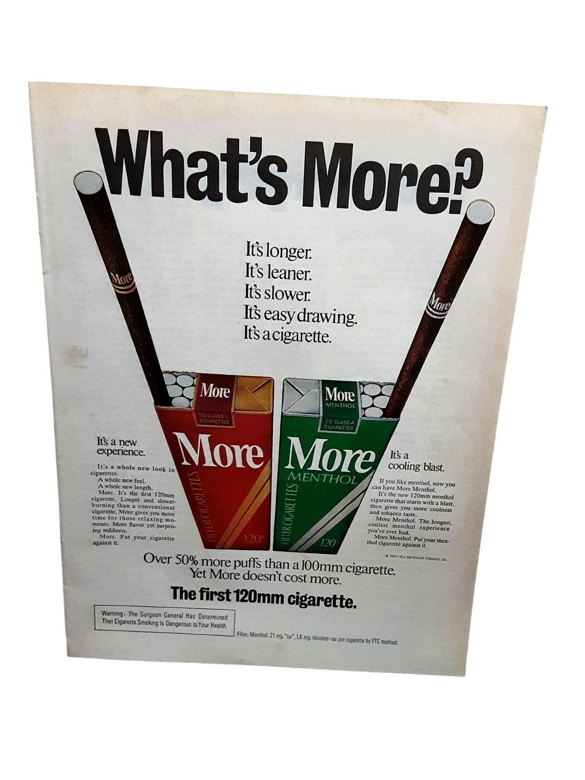 1975 More Cigarettes What’s More Ad 120mm Slim Vintage Tobacco Print