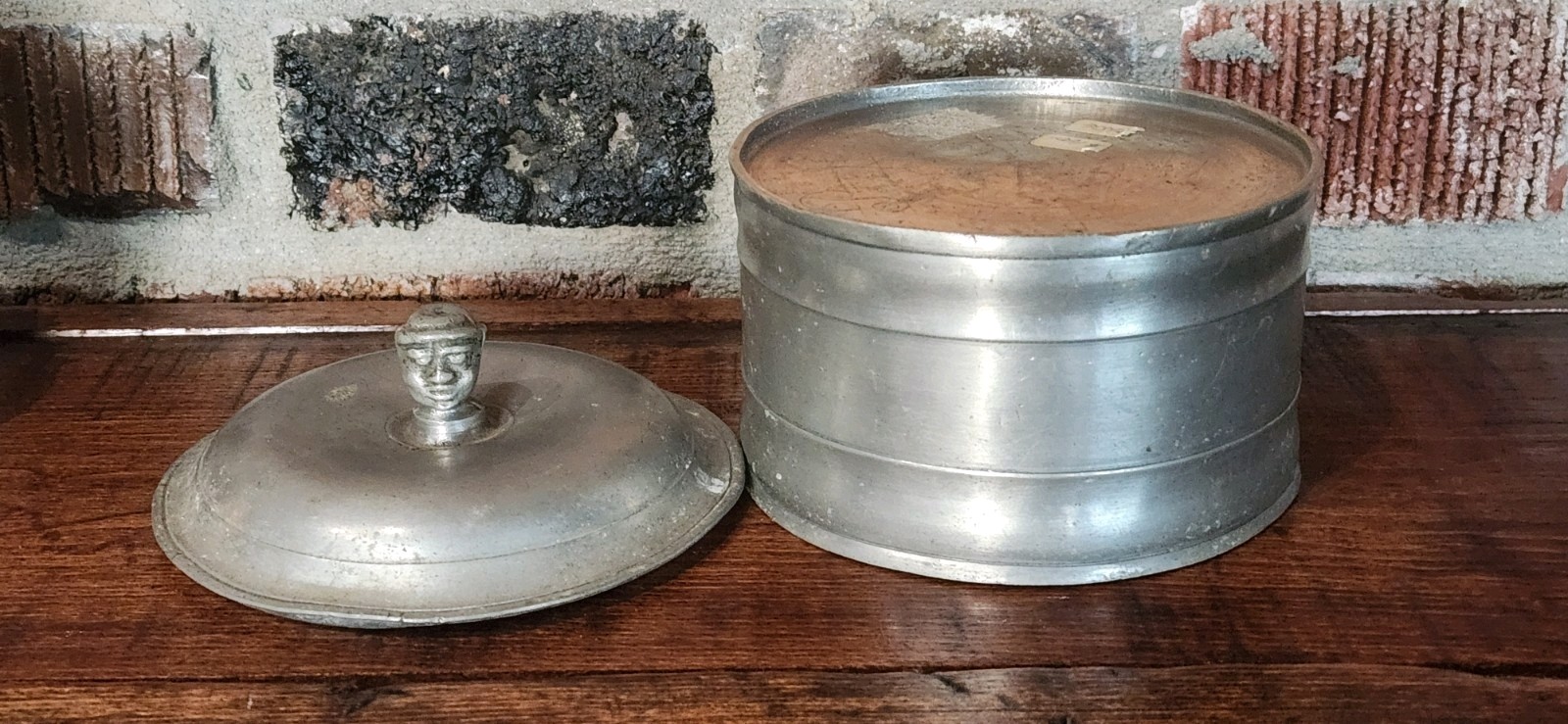 Rare 19th C. English Pewter Tobacco Jar Morehead w/ Face ~ Lidded Pewter Tobacco