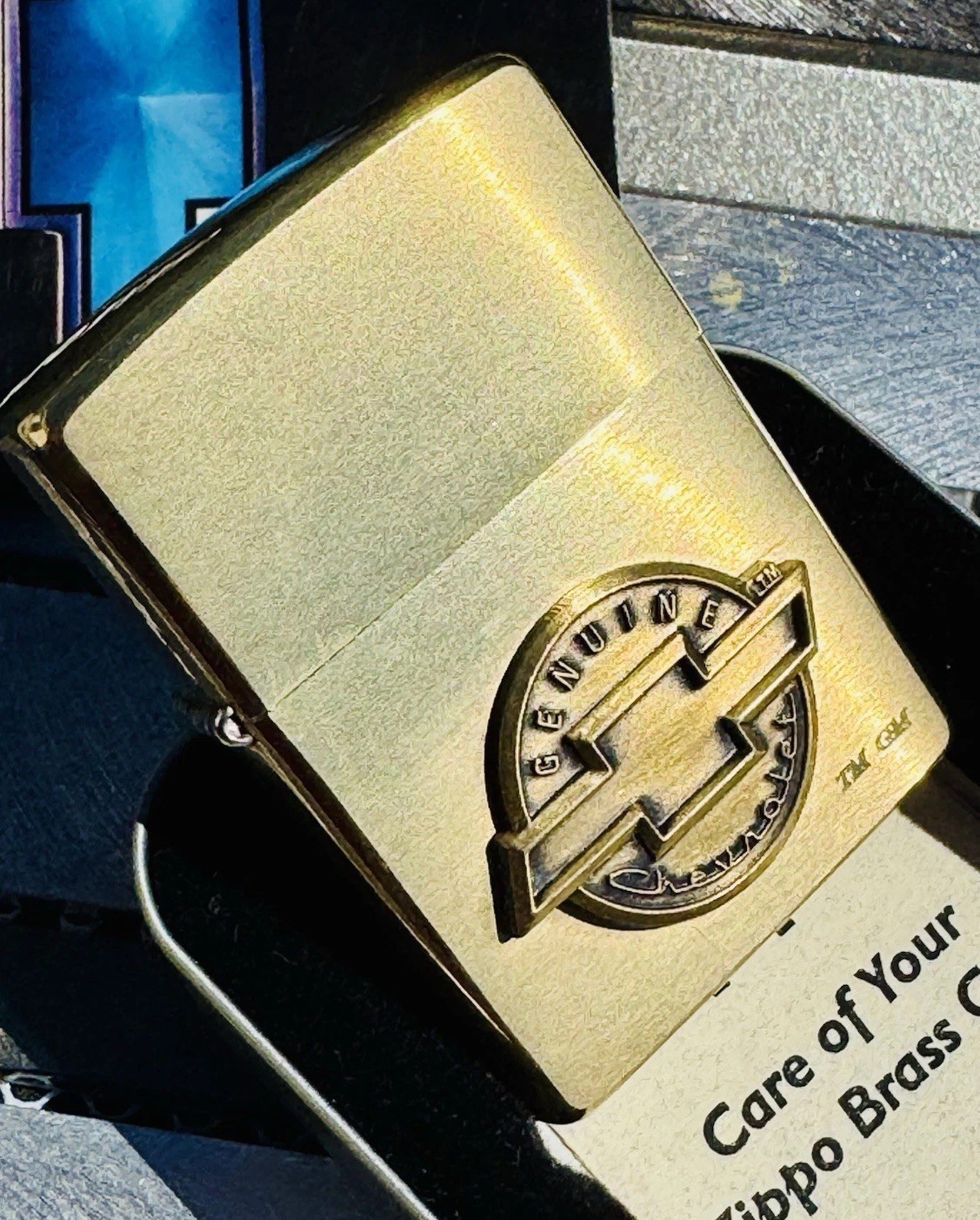 Vintage 1999 Zippo Chevrolet Raised Emblem Lighter Brushed Brass J XV New Boxed