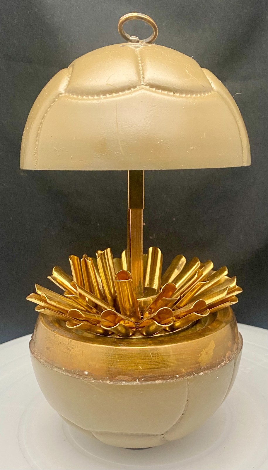 VTG MCM ROUND BRASS POP-UP CIGARETTE DISPENSER STAND, SOCCER BALL SHAPE, c1955 g