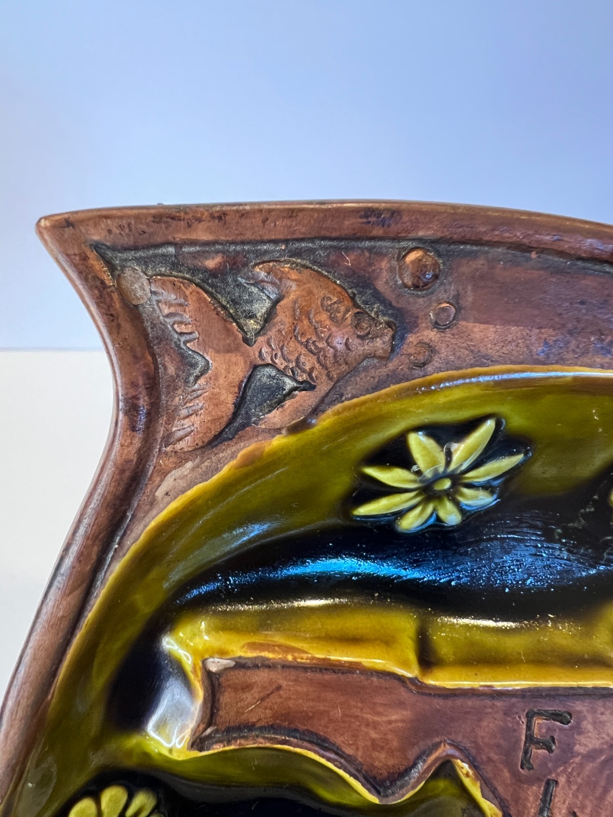 1962 Treasure Craft Ceramic Green Glaze Fish Trinket Dish Ashtray Florida Vtg