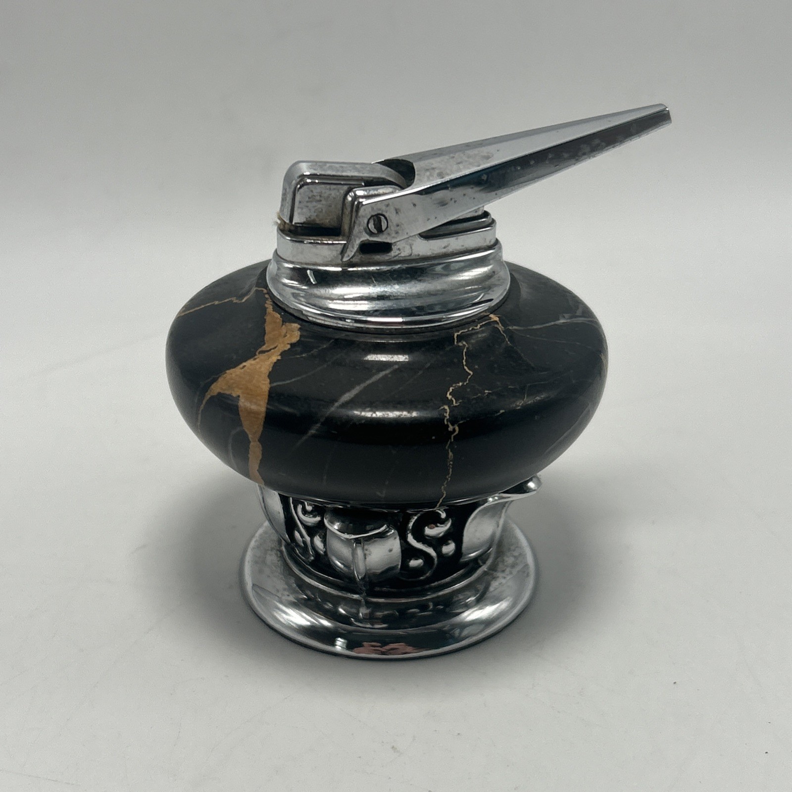 Vintage Ronson Black Streaked Marble & Chrome Table Lighter Rare Collector