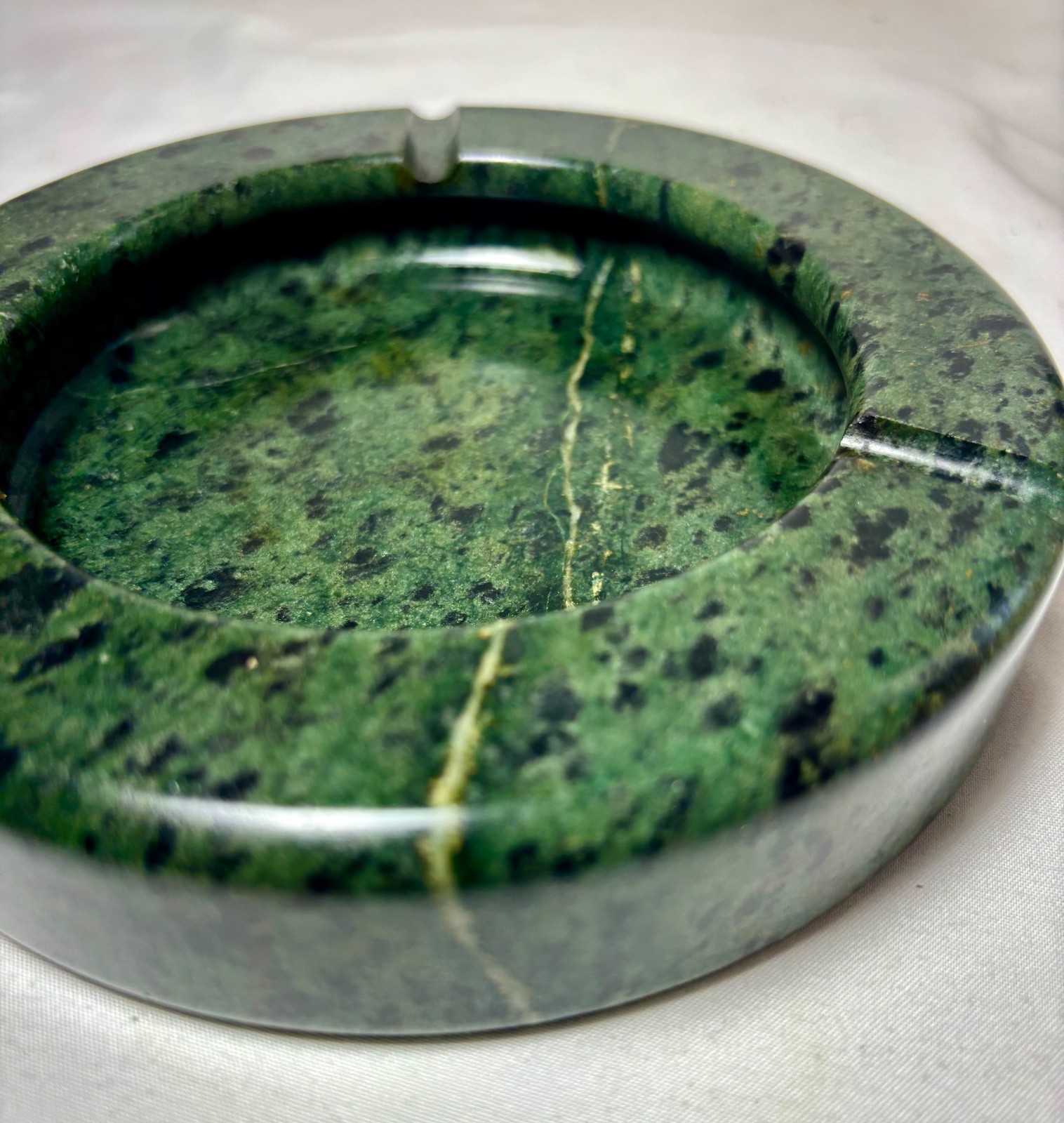 Green Marble Carved Stone Round Cigarette Ashtray Vintage Heavy MCM 6”