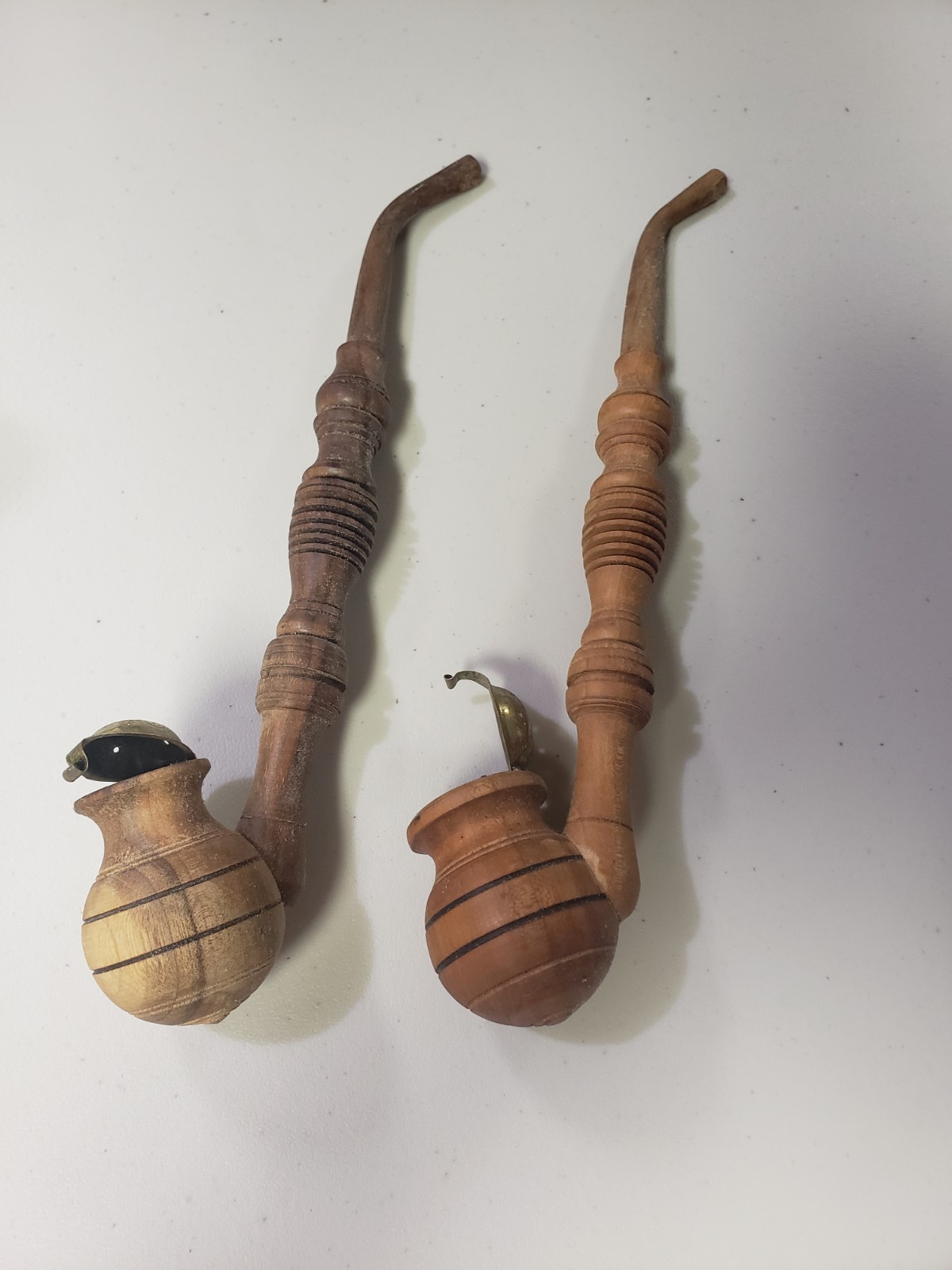 Pair Of Wooden Beehive Pipes With Brass Lids