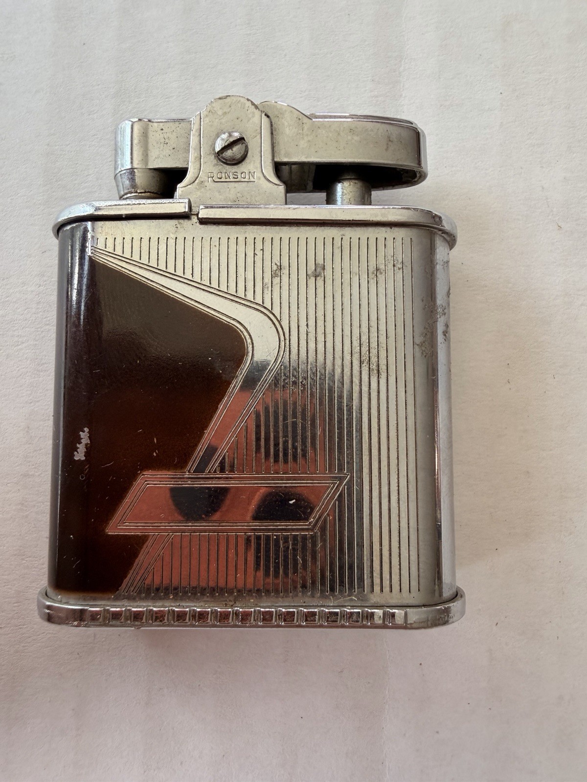 Vintage 1940s Ronson Whirlwind Lighter Chrome Brown Enamel Art Deco