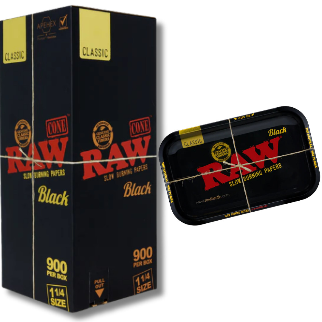 RAW Cones Black 1 1/4 900 Count Box with Raw Black Rolling Tray 11 x 7