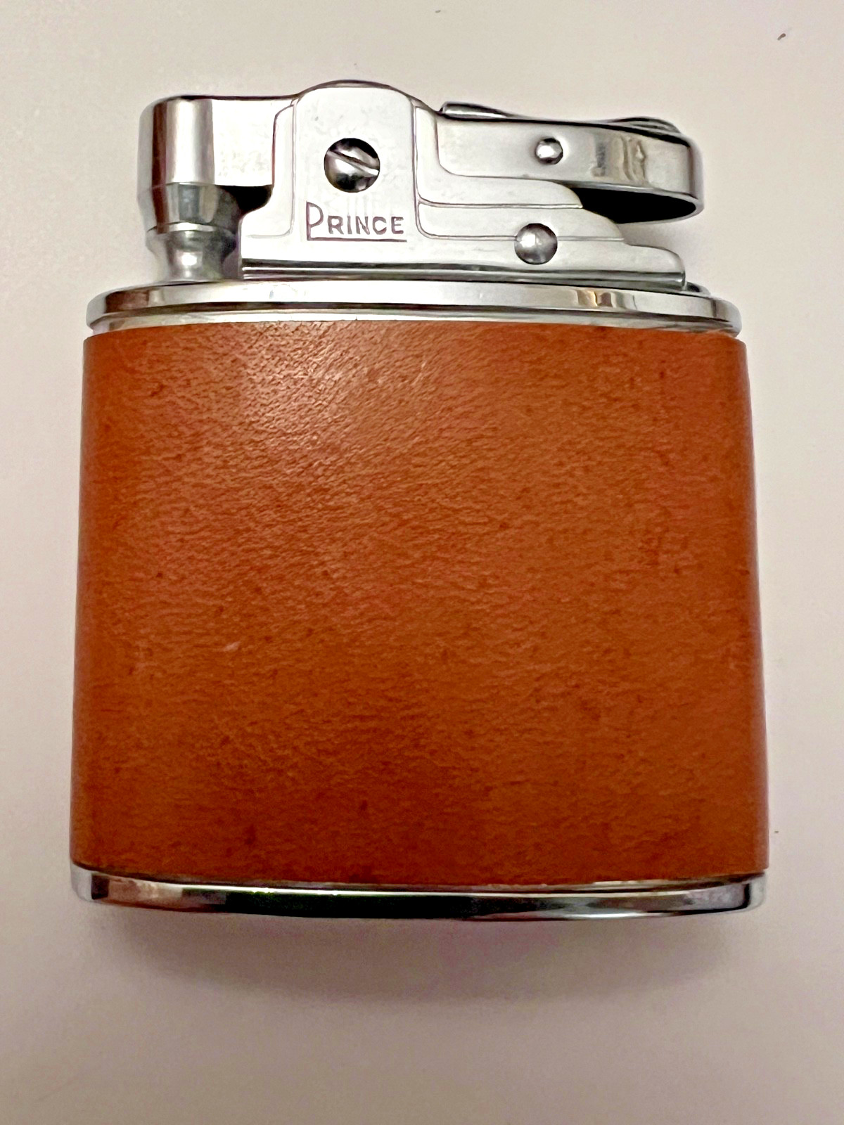 Vtg Prince Mfg Co Automatic Super Lighter Cigarette Chrome Tan Leather Wrapped