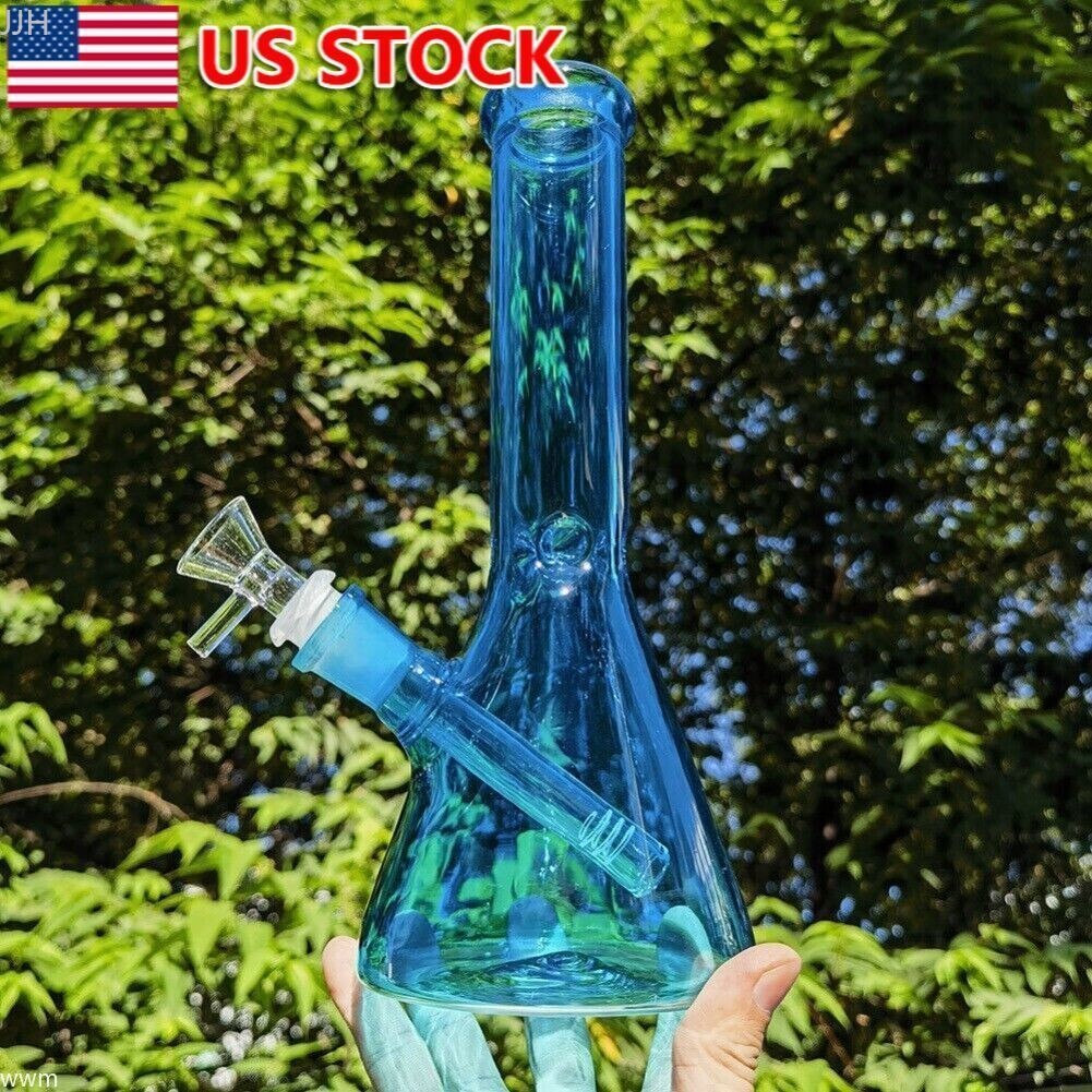 US 10 inch Glass Bong Blue Smoking Water Pipe Hookah Beaker Bubbler + Bowl