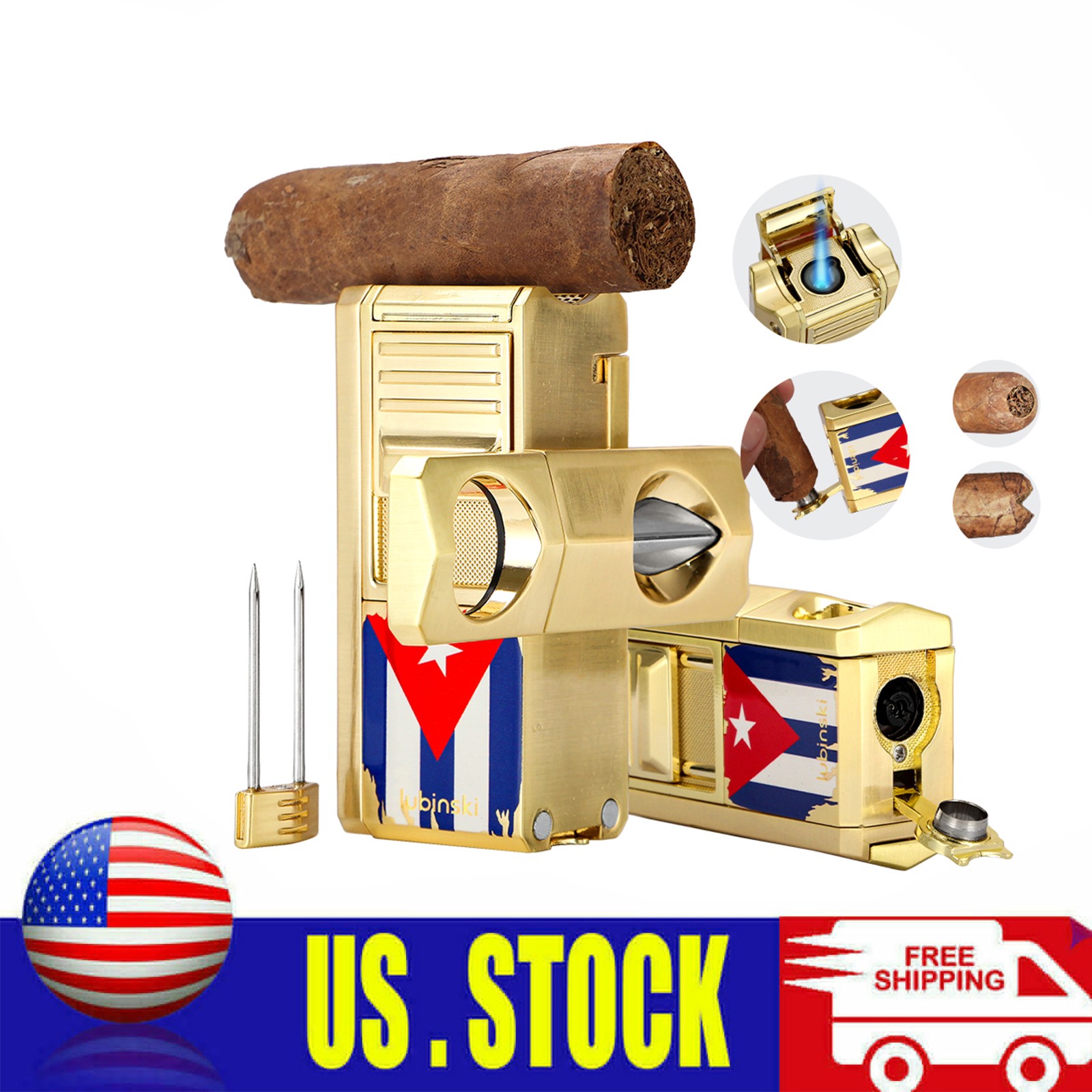 Lubinski 1 Jet Flame Butane Torch Cigar Lighter V-cut Cigar Punch Holder Needle