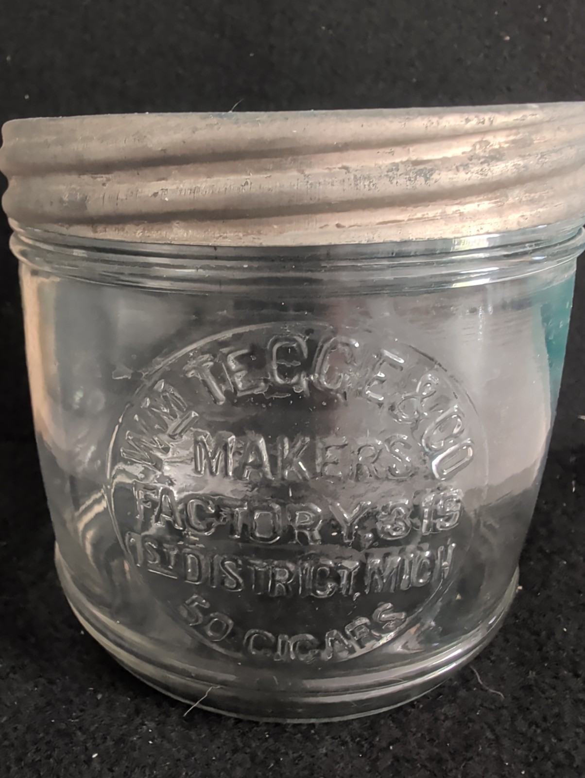 Antique Wm Tegge & Co Glass Cigar Jar Humidor Factory 319 W/LID 50 Cigars Base