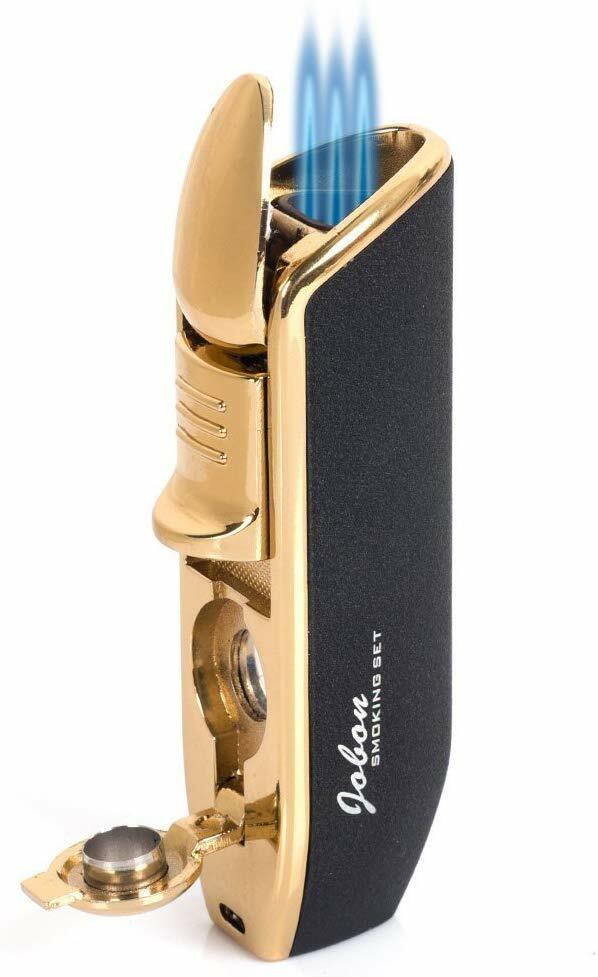 JOBON Classic Triple Torch Flame Cigarette Cigar Lighter with Cigar Punch-BLACK