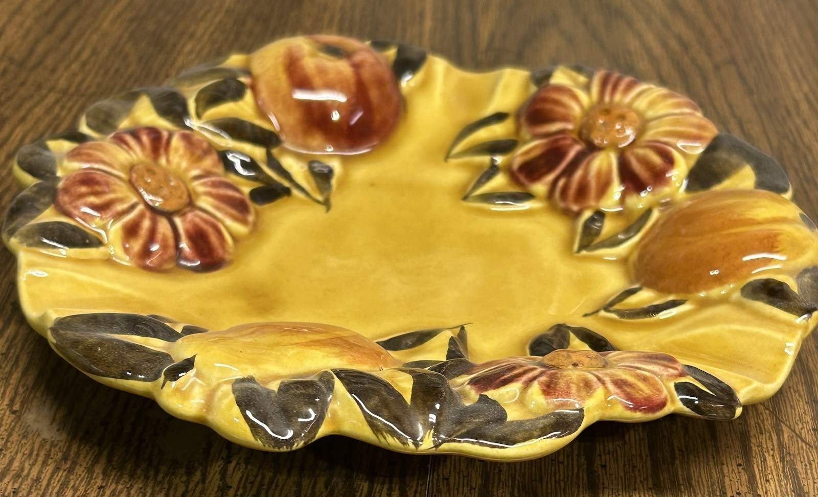1970s Pottery Ashtray Fruit Flower Pattern Harvest Gold Pear Daisy Vintage