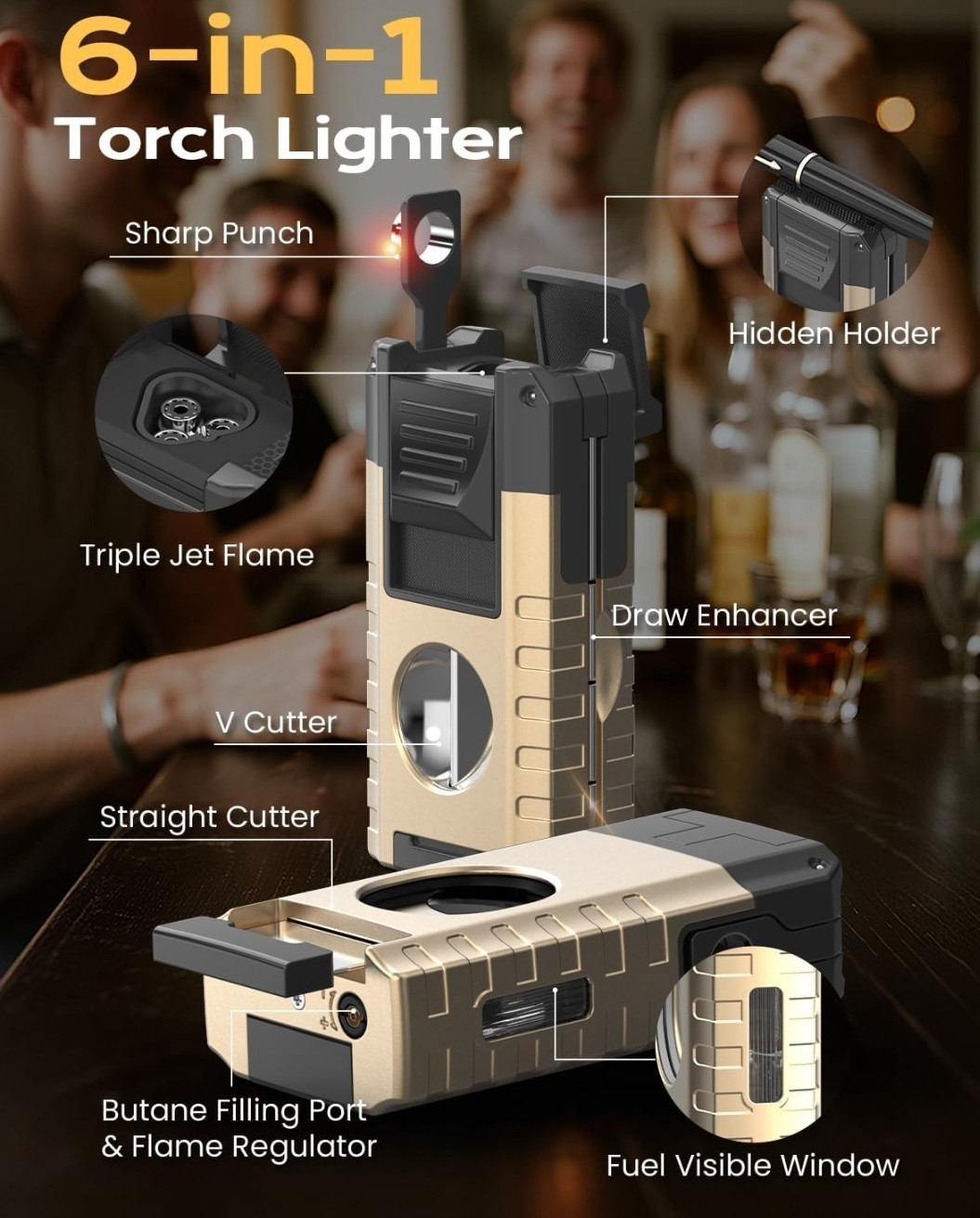 Torch Lighter, 6-in-1 Torch Lighters with V & Straight Cutter, Built-in Punch…