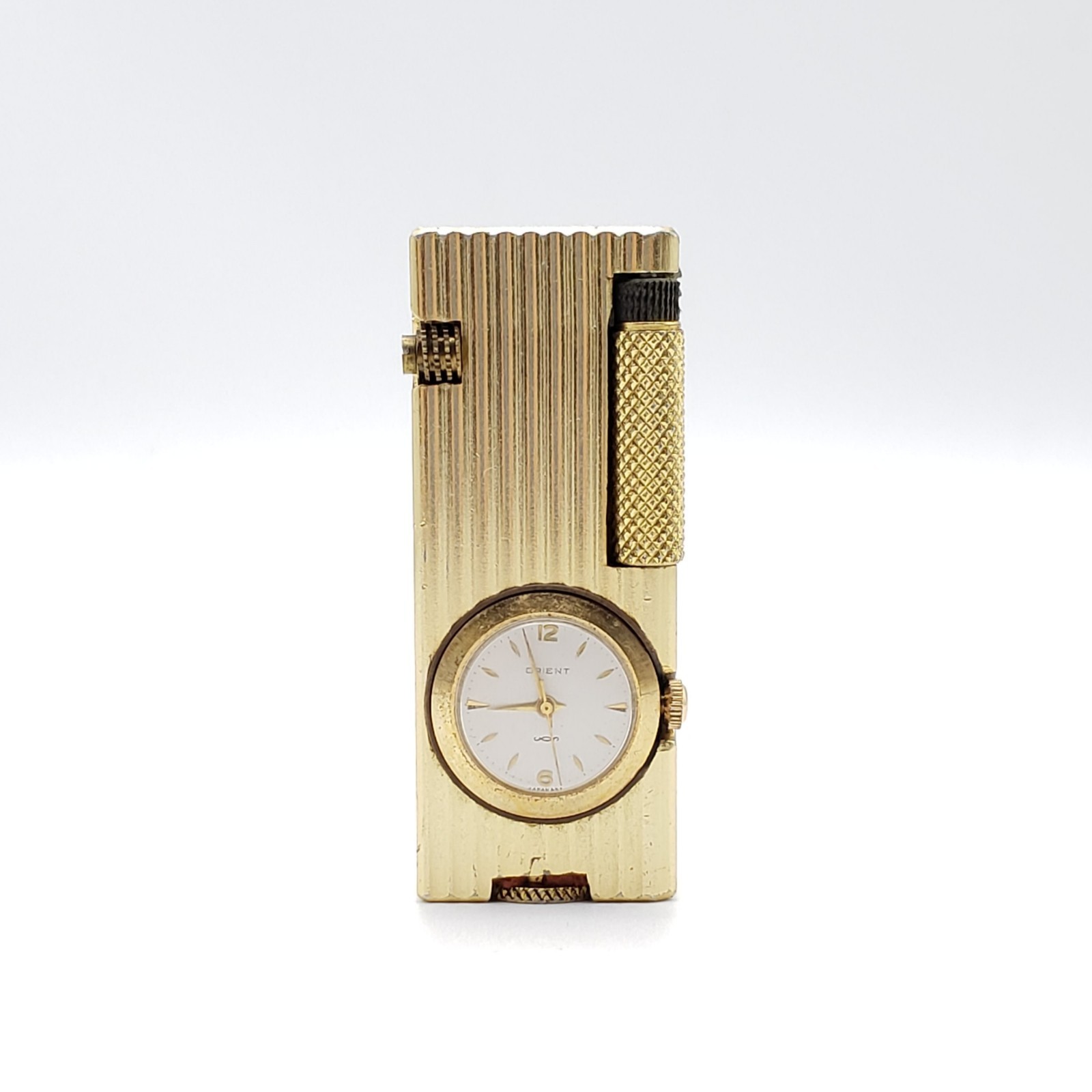 Vintage Penguin Cygnus Gold-Plated Ribbed Petrol Lighter w/ Orient Watch – Japan