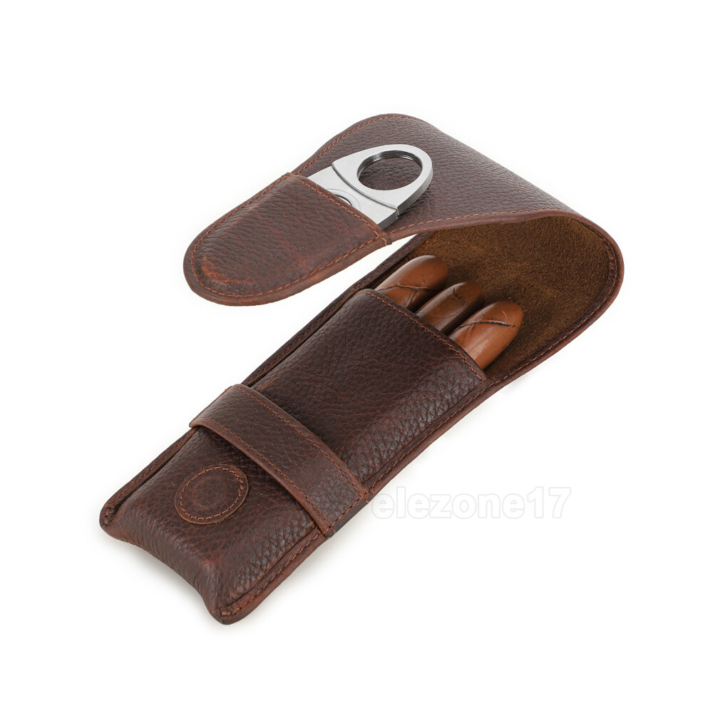 3 Tubes Genuine Leather Cigar Case Travel Humidor Portable Cigars Cutter Holder