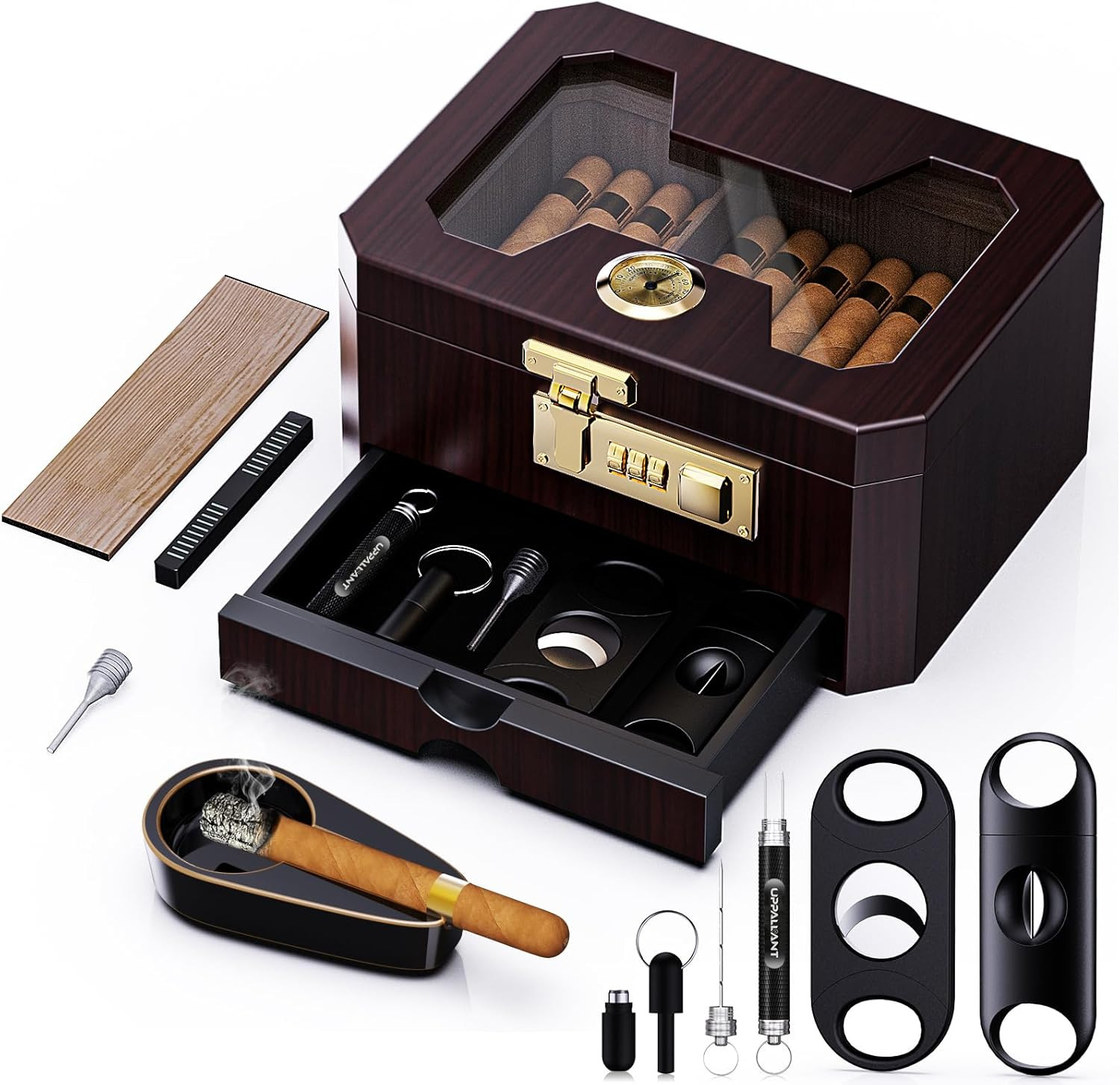 Cigar Humidor, Cedar Wood Desktop Humidor Cigar Box with Combination Lock, Glass