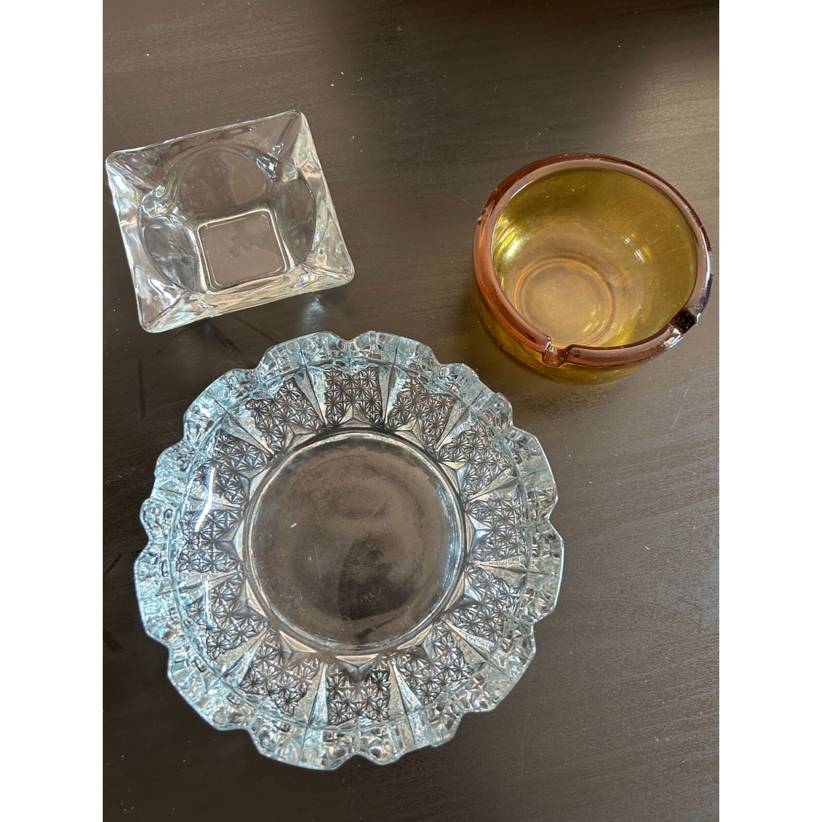 Amber Thick Clear Crystal Glass Set Of 3 Cigarette Ashtray Decorative Vintage