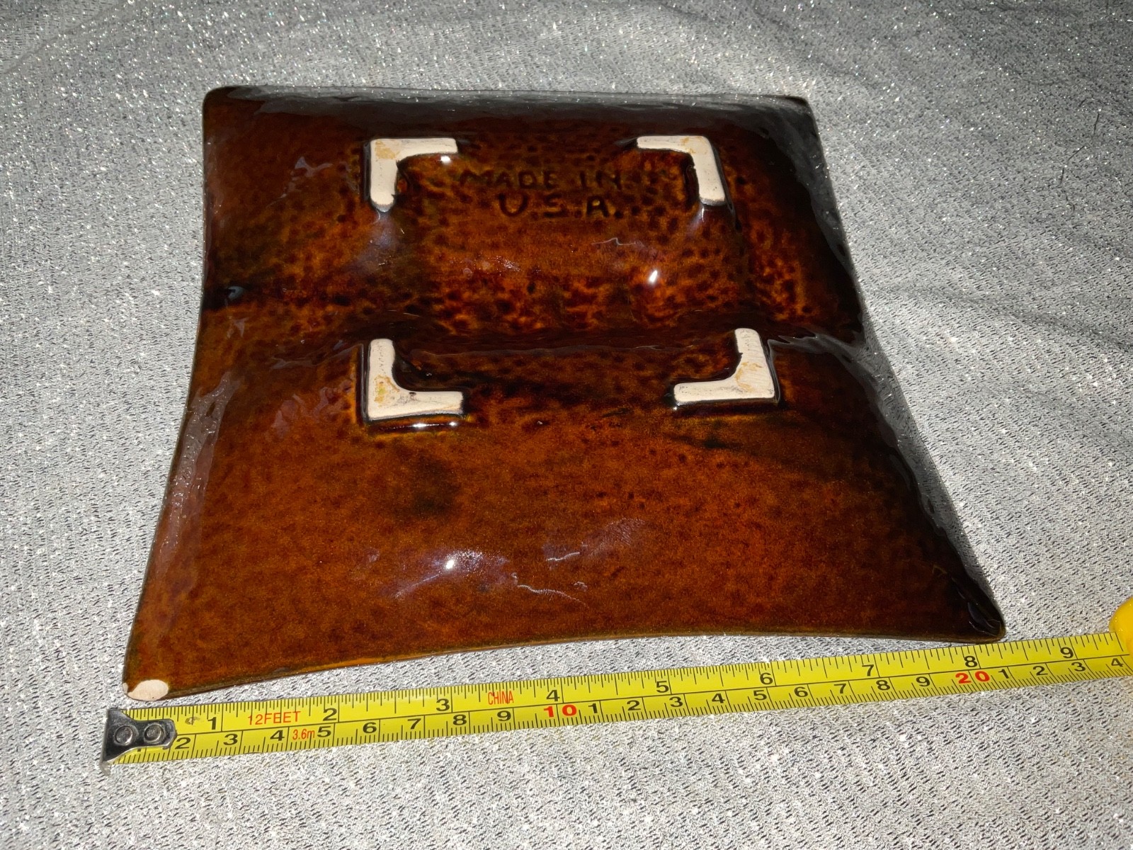 Ashtray Orange Brown MCC Glazed Square 8.5″ Made in USA Vintage Retro (Chipped)