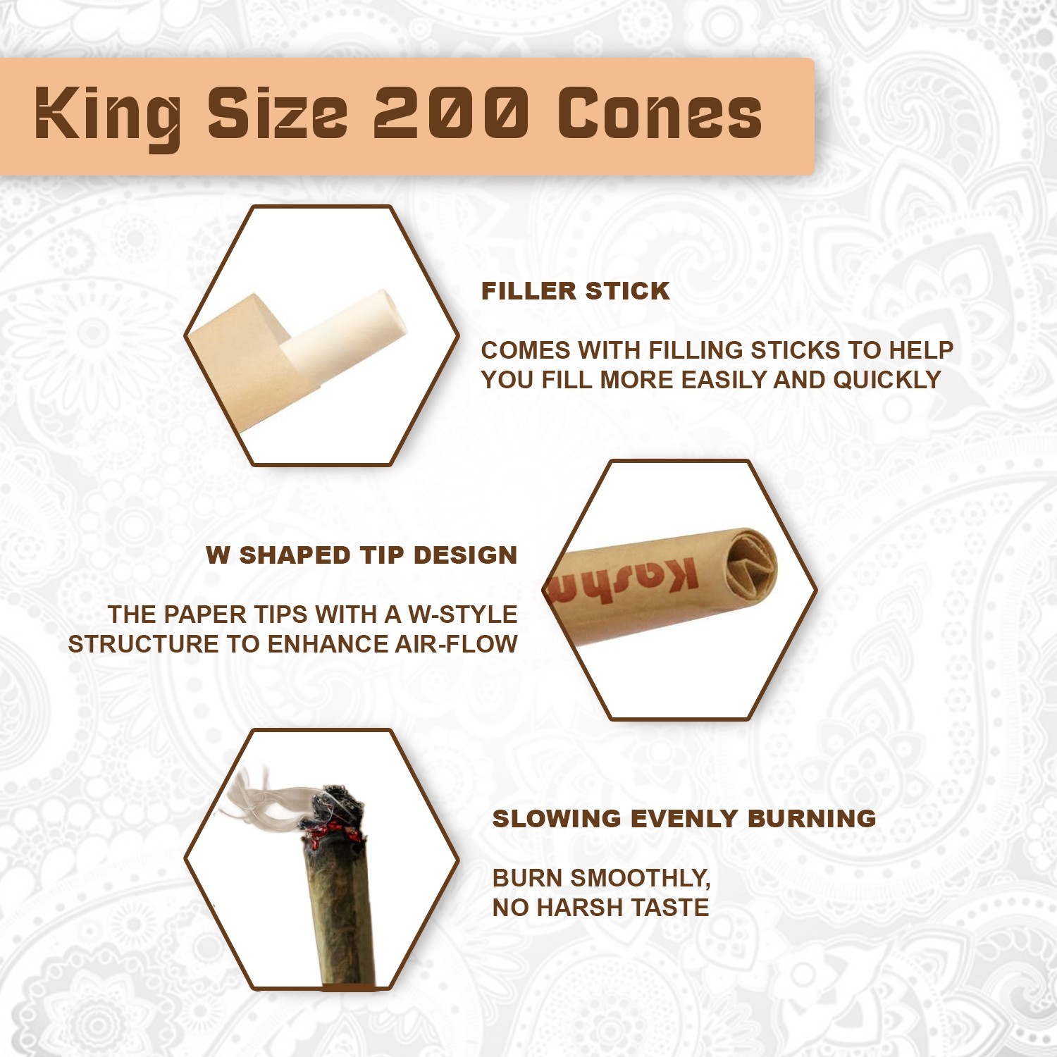 Bamboo Pre Rolled Cones King Size 200 Ct Rolling Paper Cones W/Tips- Kashmir