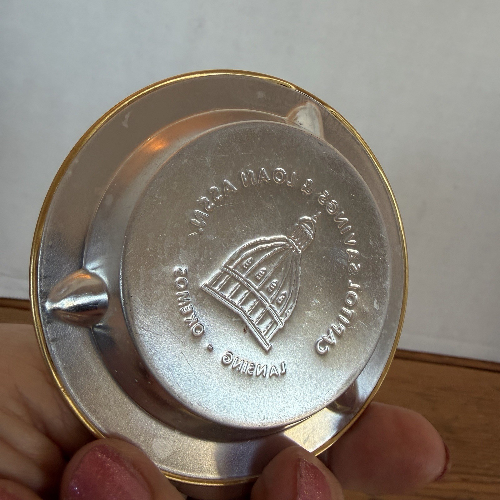 Vintage First Capitol Savings and Loan Advertising Ashtray- MCM Aluminum Gold