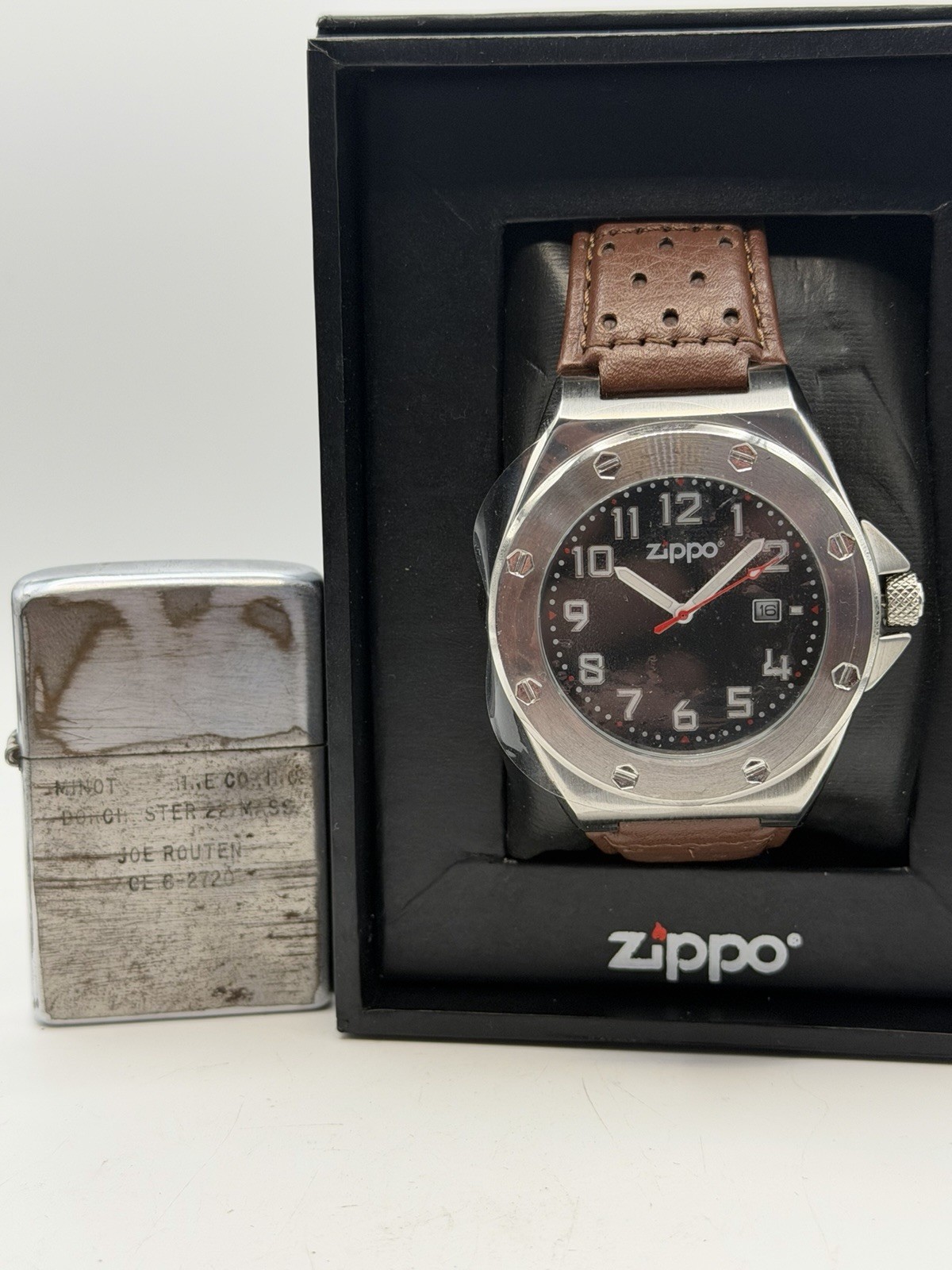 Vintage 1937-1950 Joe Routen CE 62720 Chrome Zippo Lighter W/ Casual Men’s Watch