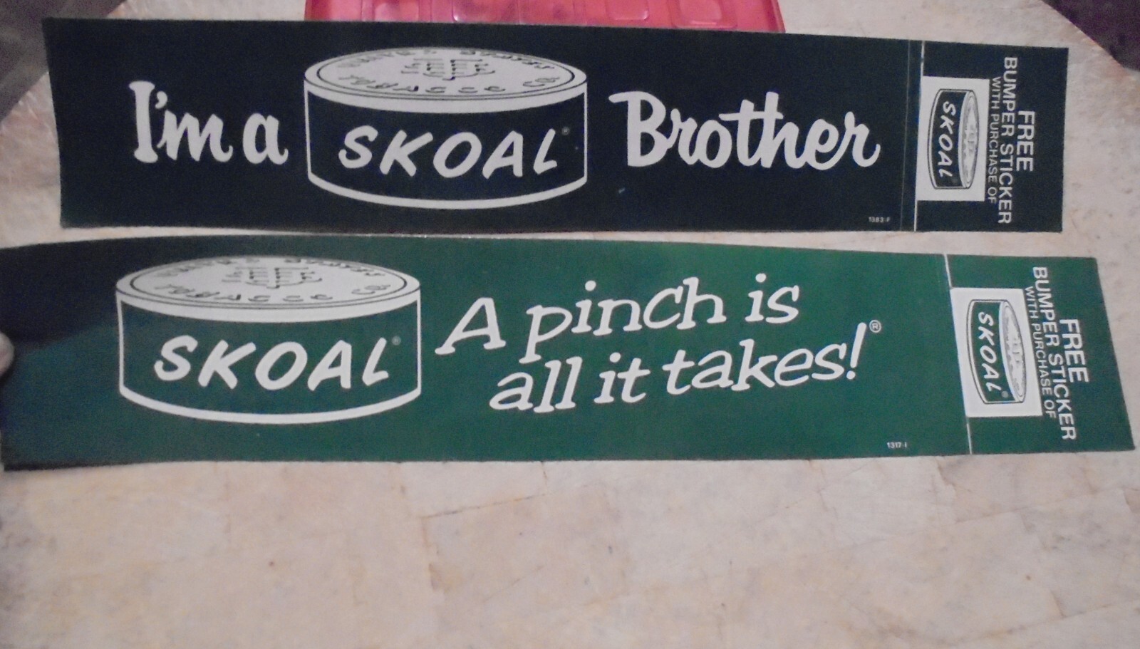 2-VINTAGE 1983 SKOAL BUMPER STICKERS MINT/NEW/UNUSED 17″ x 3.25″