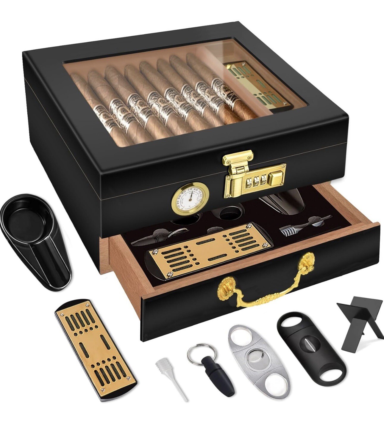 Luxury Peachwood Lined Glass Lockable Cigar Humidor with Drawer Holds 70 Cigars