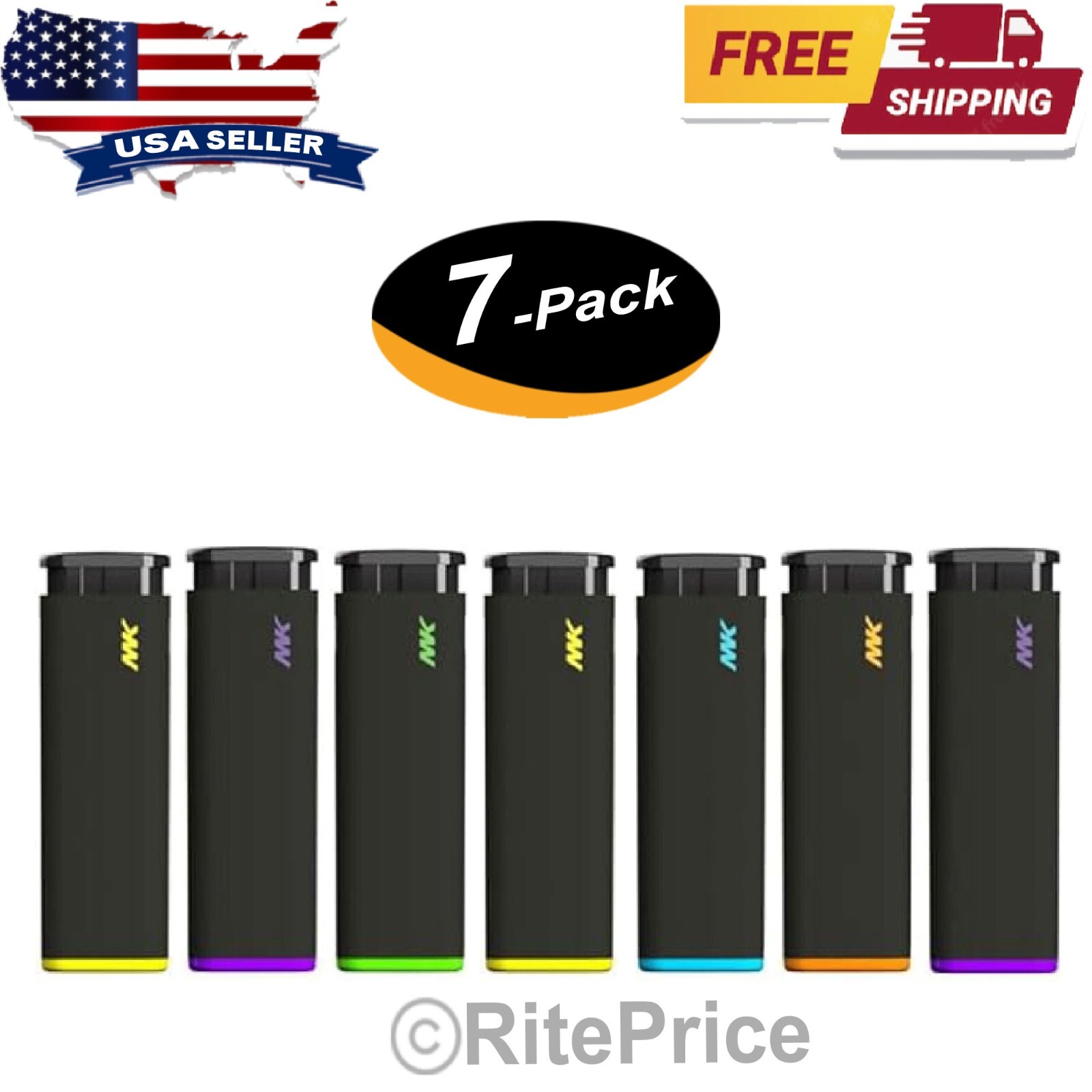 MK Jet Black Lighter, Striking Design Windproof Butane Refillable (7 Pk) Lighter