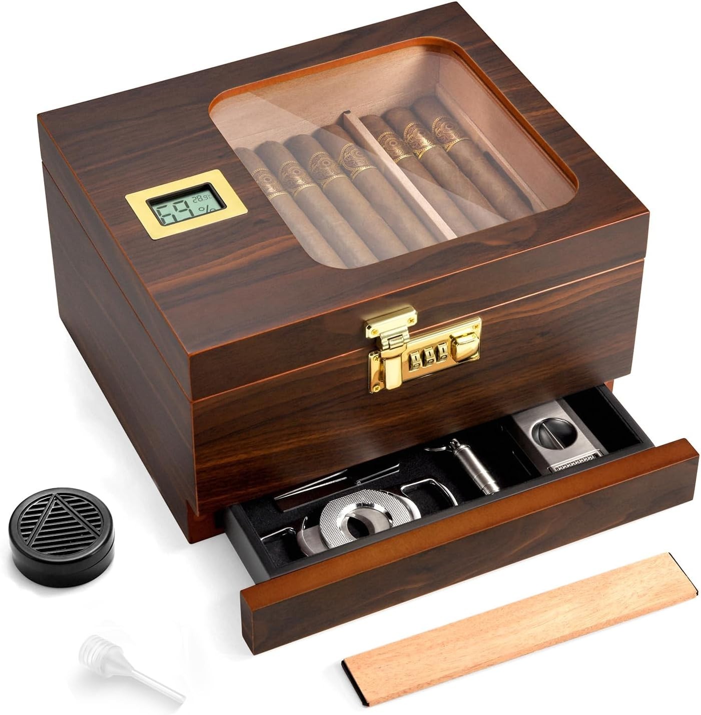 Cigar Humidor, Handcrafted Cedar Cigar Box, Glass Top Desktop Humidor with Digit