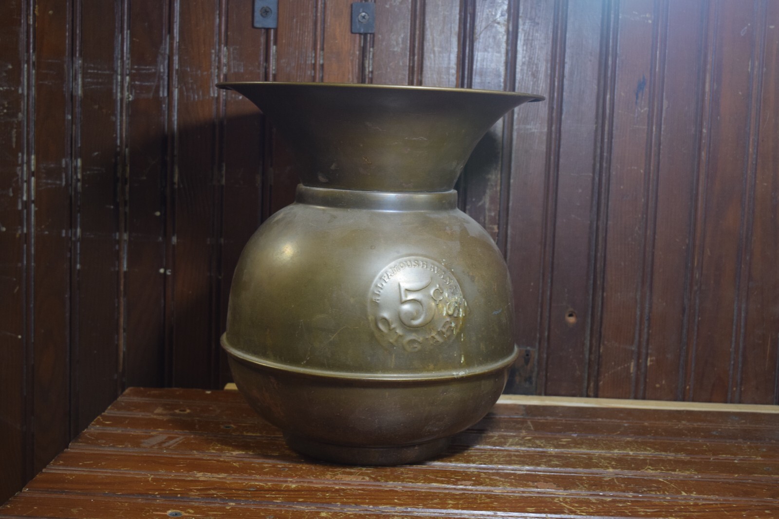 BRASS METAL SPITOON RAILROAD BARALL FAMOUS HAVANA CIGARS 1930s VINTAGE 5 CENTS