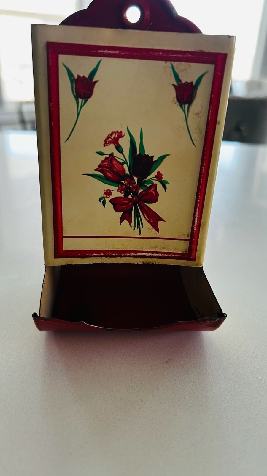 Vintage Red and Cream Metal Toleware Wall-Mounted Match Holder with Floral Desig