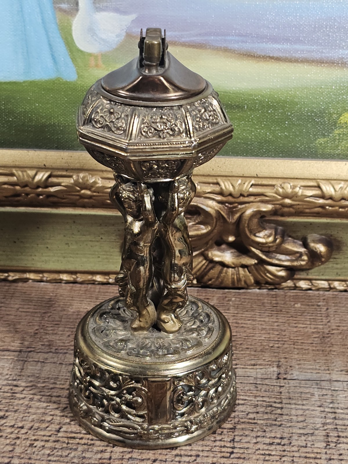 Hollywood Regency Style Goldtone Cherub Table Lighter/Music Box Made in Japan