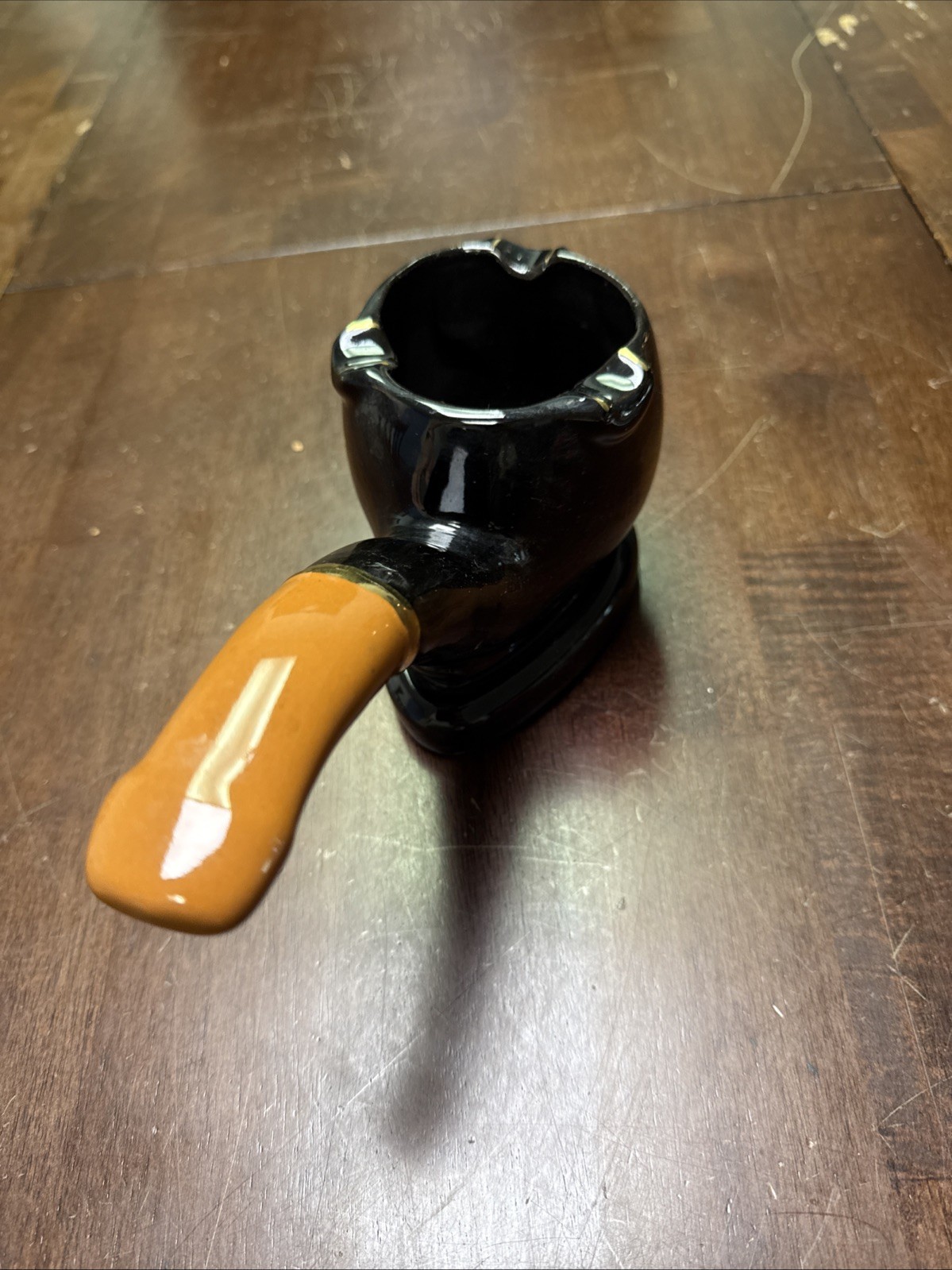 Vintage Ceramic Pipe Cigar Holder Ashtray Mid Century Brown Gold Accents
