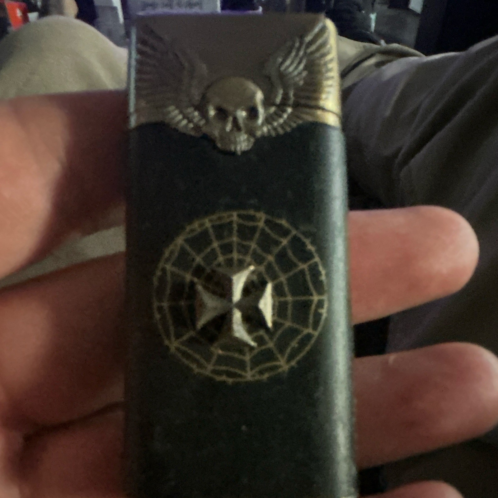 Butane Lighter – Black/Gold Winged Lid Emblem & Spiderweb Design