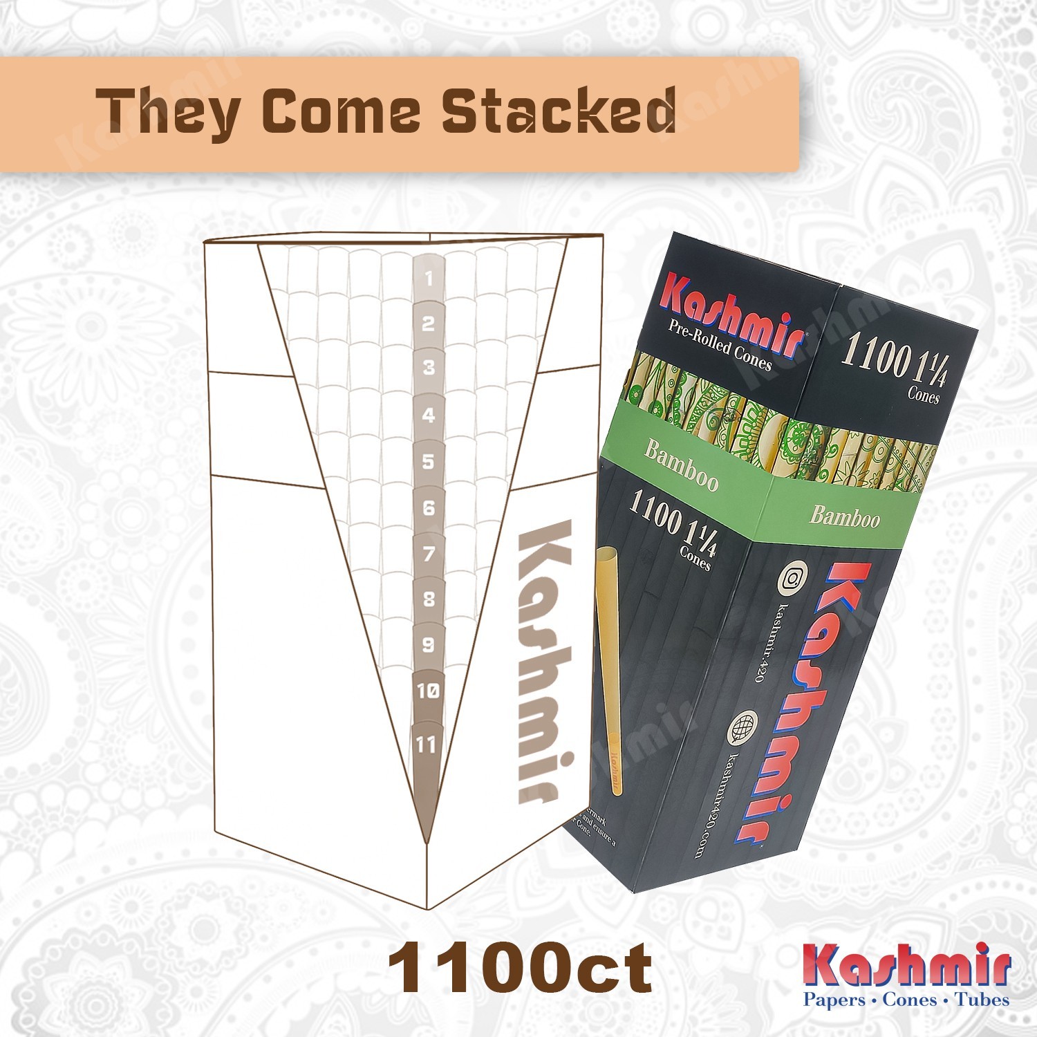 Kashmir Pre Rolled Cones 1-1/4 Bamboo Slow Burning Rolling Paper Cones 1100 Ct