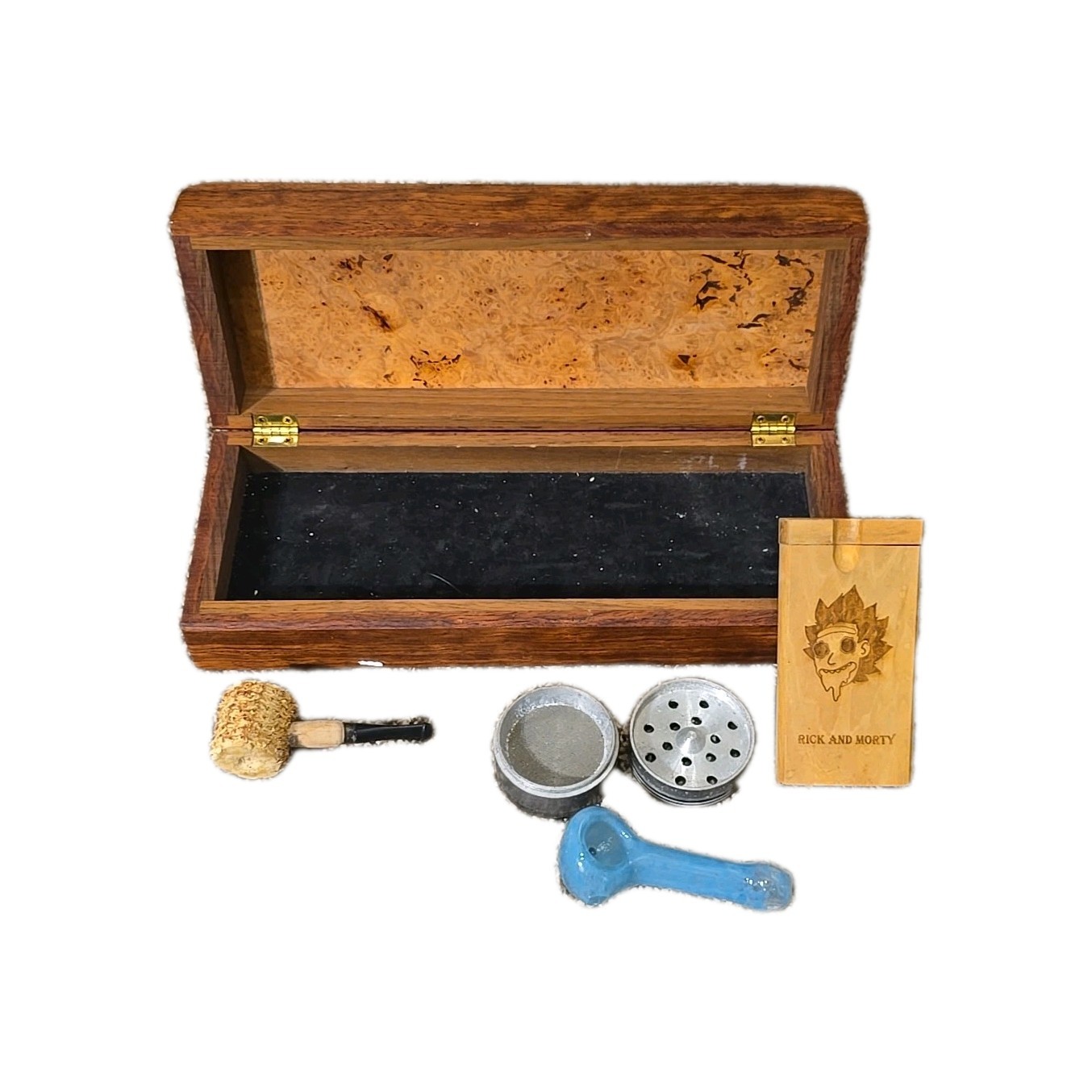 Rick and Morty Wooden Stash Box Tobacco Herb Storage Case w/ Accessories