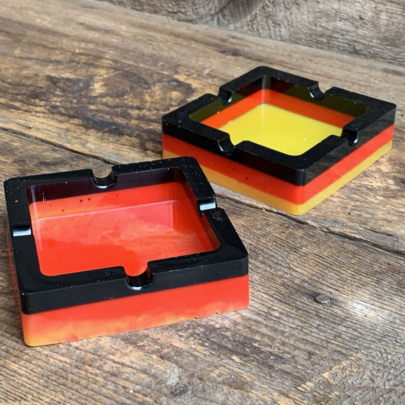 Resin Ashtray Trinket Dish Set of 2 Red Black Yellow 3.5” Across