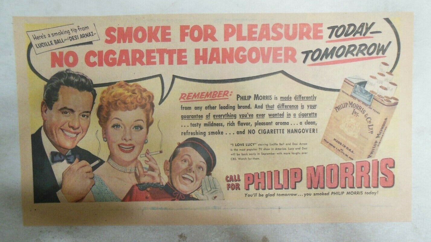 Phillip Morris Cigarette Ad: I Love Lucy, Lucille Ball 1950’s 7.5 x 15 inches