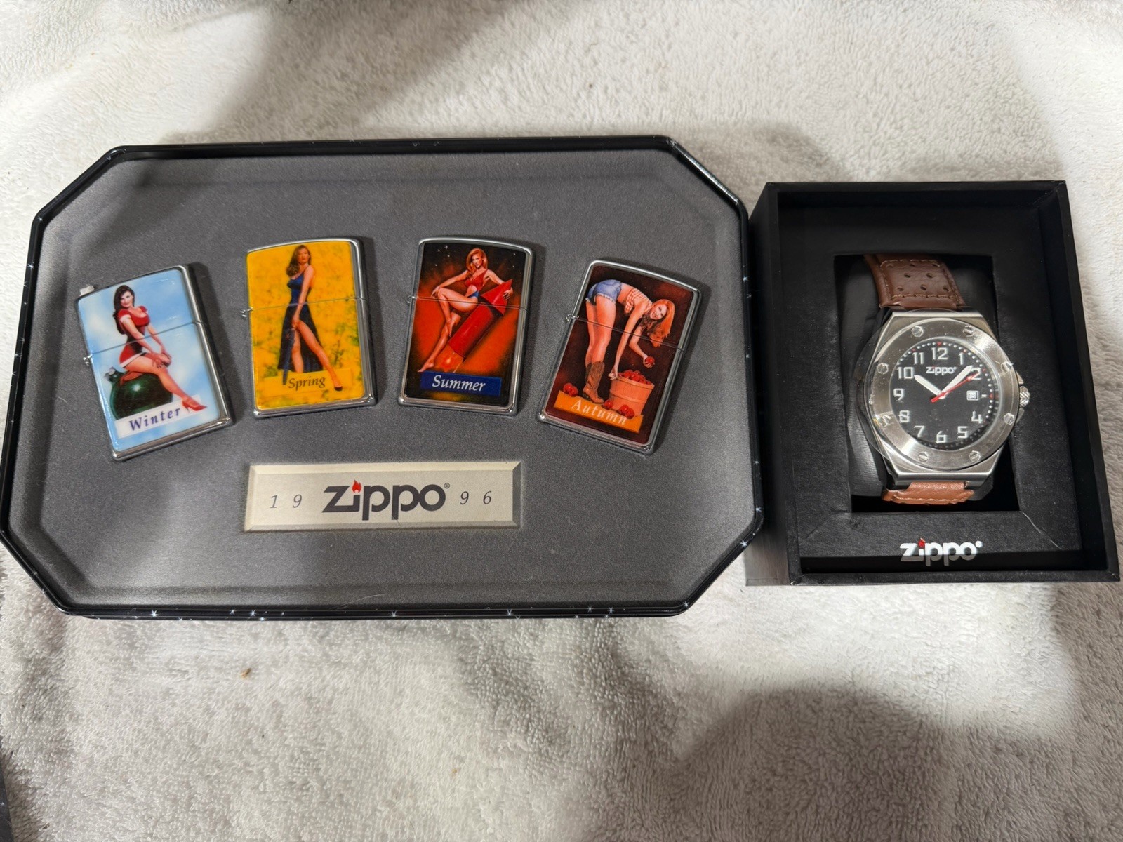 Vintage 1996 Salutes Pinup Girls Season Zippo Lighter W/ Casual Bolted Watch New